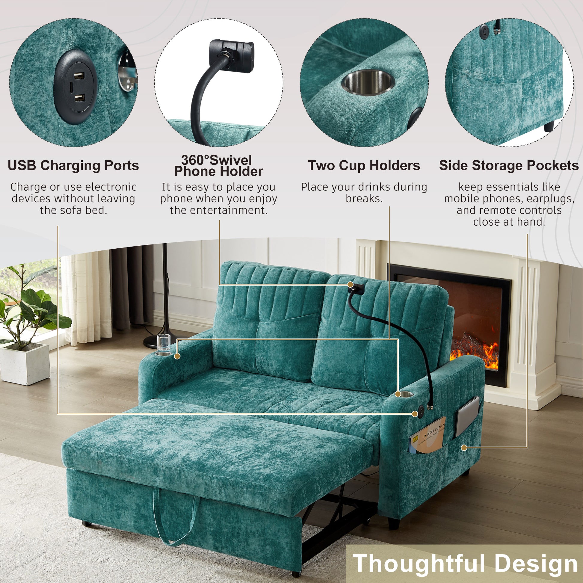 53.9" Modern Loveseat Pull Out Sofa Bed With Adjustable Backrest, Two Cup Holdersa Phone Holder, Three Charging Ports And Side Storage Pockets For Living Room, Teal Teal Foam Chenille