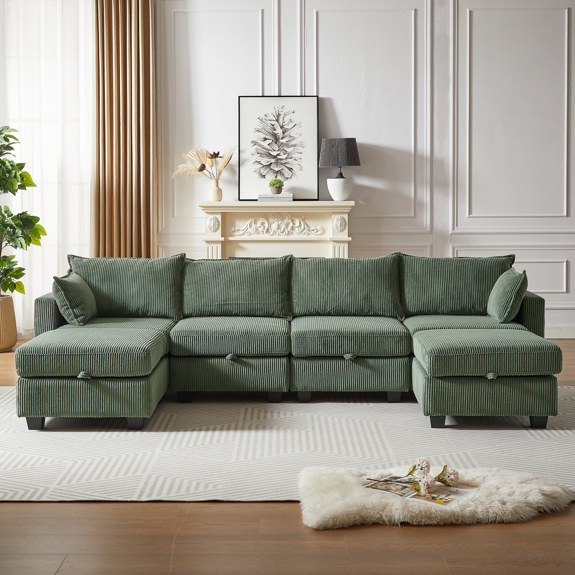 113.5'' Modular Sectiona Corduroy Sofa, Sectional Couches For Living Room U Shaped Sectional Couch With Storage Ottoman, 6 Seats Convertible Sectionals With Chaise Green Corduroy 6 Seat