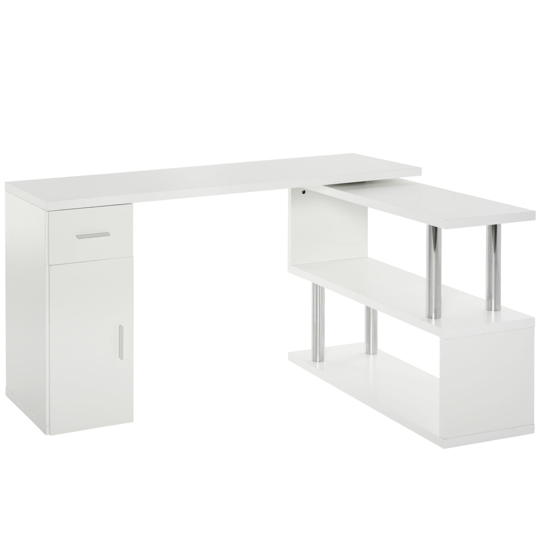 Homcom Rotating Computer Desk, 55" L Shaped Desk, Corner Desk With Storage Shelves, Cabinet And Drawer For Home Office, White White Mdf