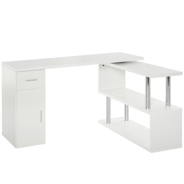 Homcom Rotating Computer Desk, 55" L Shaped Desk, Corner Desk With Storage Shelves, Cabinet And Drawer For Home Office, White White Mdf