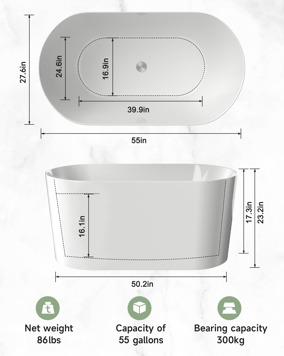 55" Acrylic Freestanding Bathtub, Small Soaking Tub, Glossy White, Toe Tap Chrome Drain, Cupc Certified Gloss White Oval Bathroom Freestanding Tubs Polished Less Than 59 In Contemporary Soaking