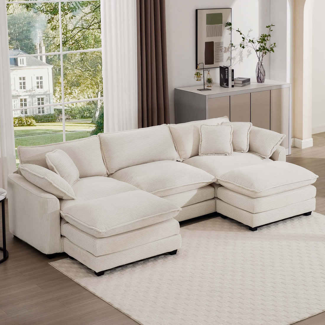 Oversized Modular Cushion Sofa With Ottomans, Comfy Upholstered U Shaped Convertible Corner Sectional Sofa Couch, Light Beige Corduroy Beige Corduroy 3 Seat