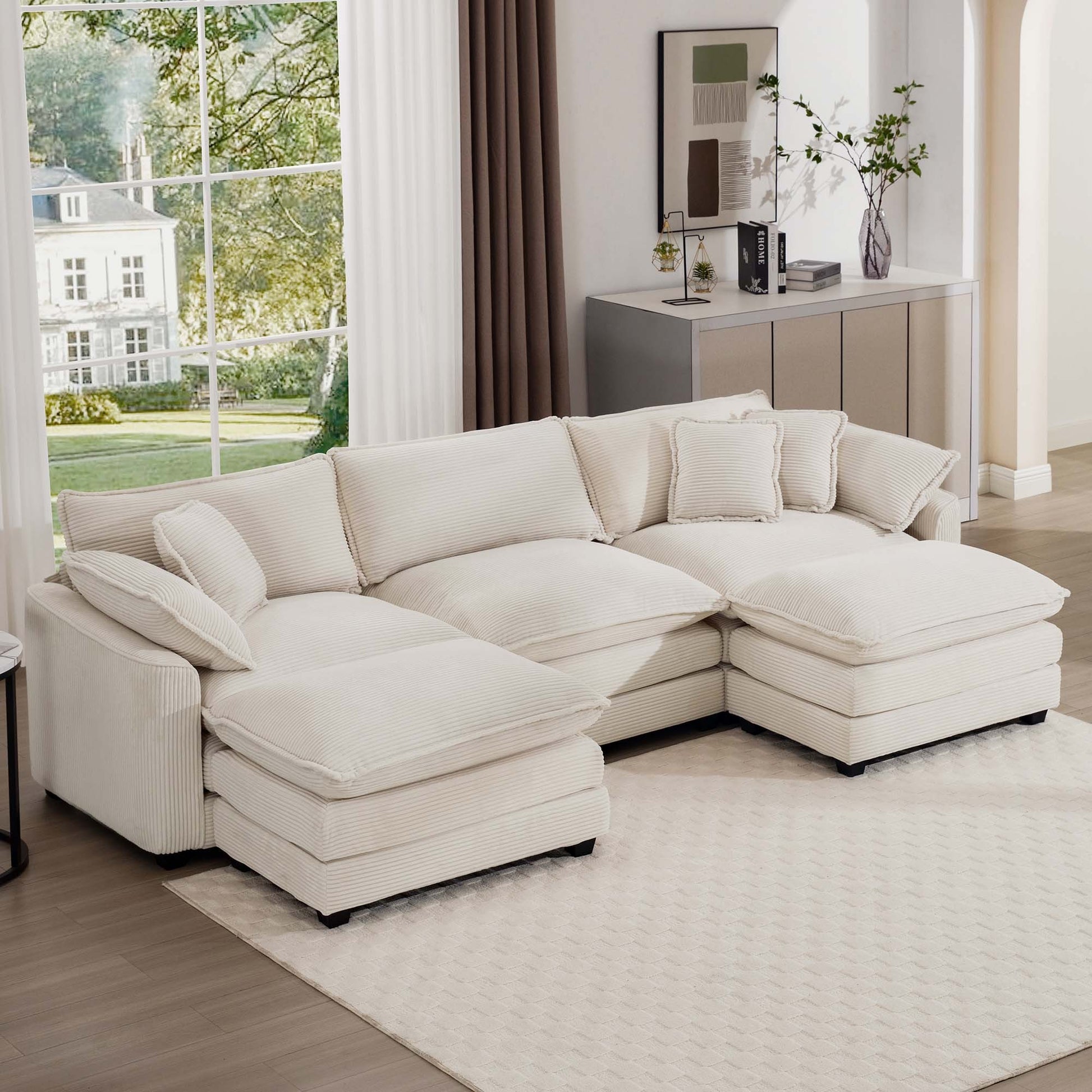 Oversized Modular Cushion Sofa With Ottomans, Comfy Upholstered U Shaped Convertible Corner Sectional Sofa Couch, Light Beige Corduroy Beige Corduroy 3 Seat