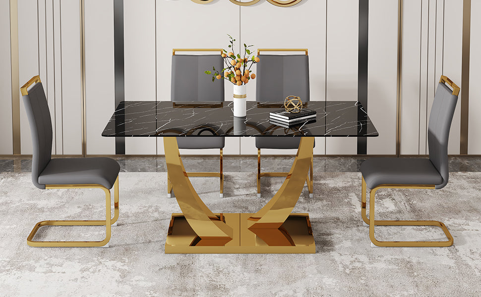 Table And Chair Set.Modern Rectangular Dining Table With Black Textured Stickers Glass Tabletop And Gold Plated Metal Legs.Paried With 4 Comfortable Chairs With Pu Seats And Golden Metal Legs. Dark Gray,Gold Seats 4 Glass Metal