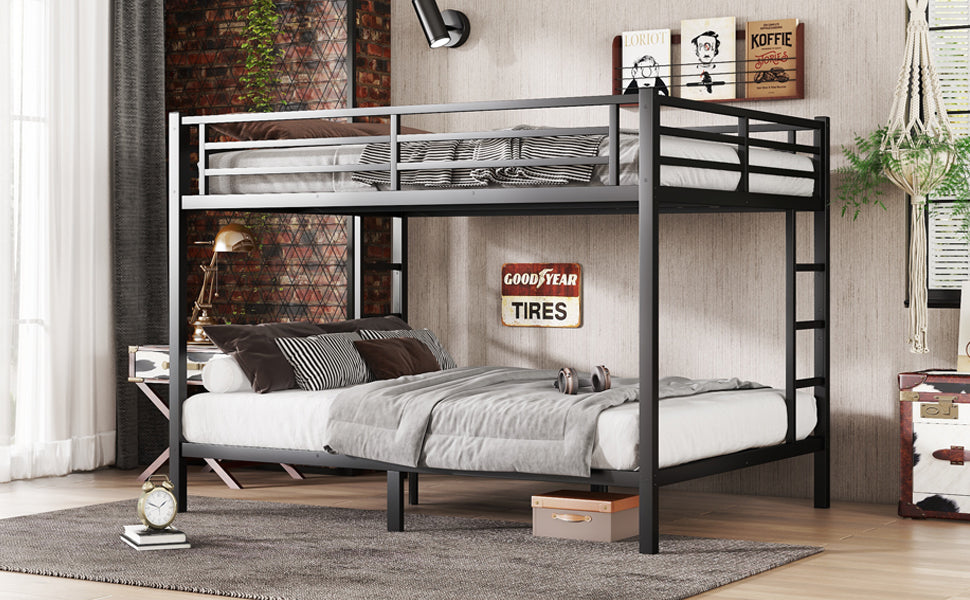 Metal Queen Over Queen Bunk Bed For Teens And Adults,Space Saving Noise Reduced No Box Spring Needed, Black Box Spring Not Required Queen Black Metal