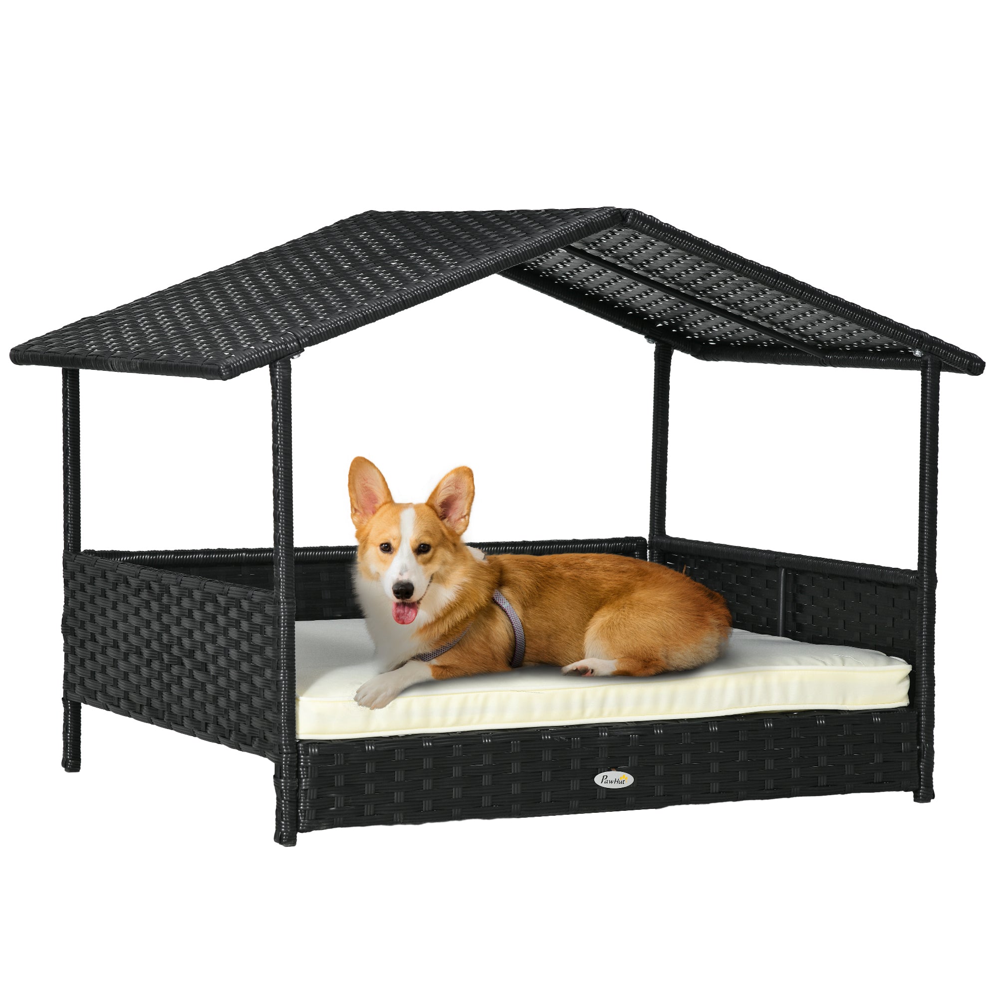 Pawhut Wicker Dog House Outdoor With Canopy, Rattan Dog Bed With Water Resistant Cushion, For Small And Medium Dogs, Cream White White Rattan