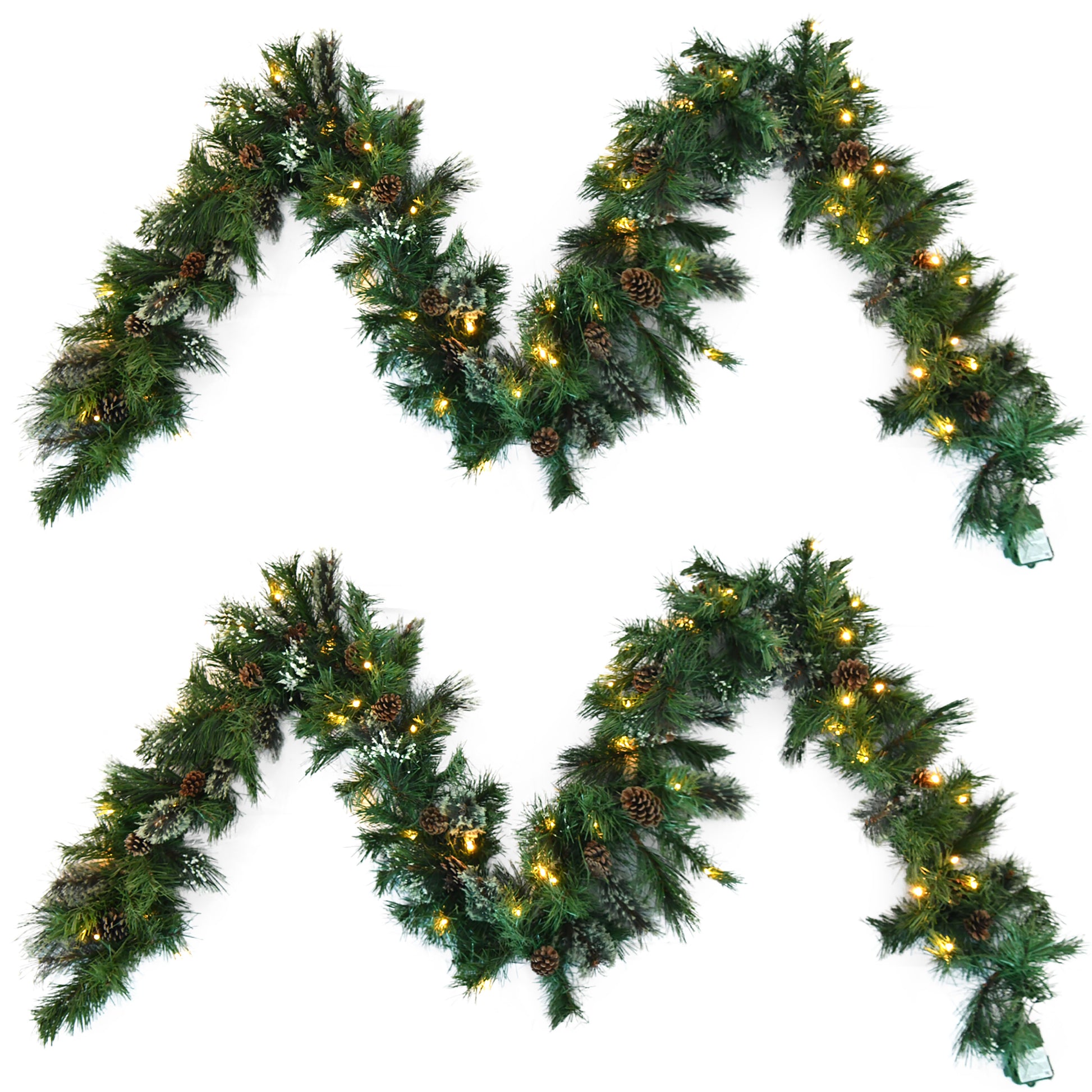 2 Packed 9'X10'' Cashmere And Snow Bristle Garland With 20 Pine Cones And With 50 Warm White Led Lights With Timer Battery Operated Outdoor,160 Tips Green Pvc