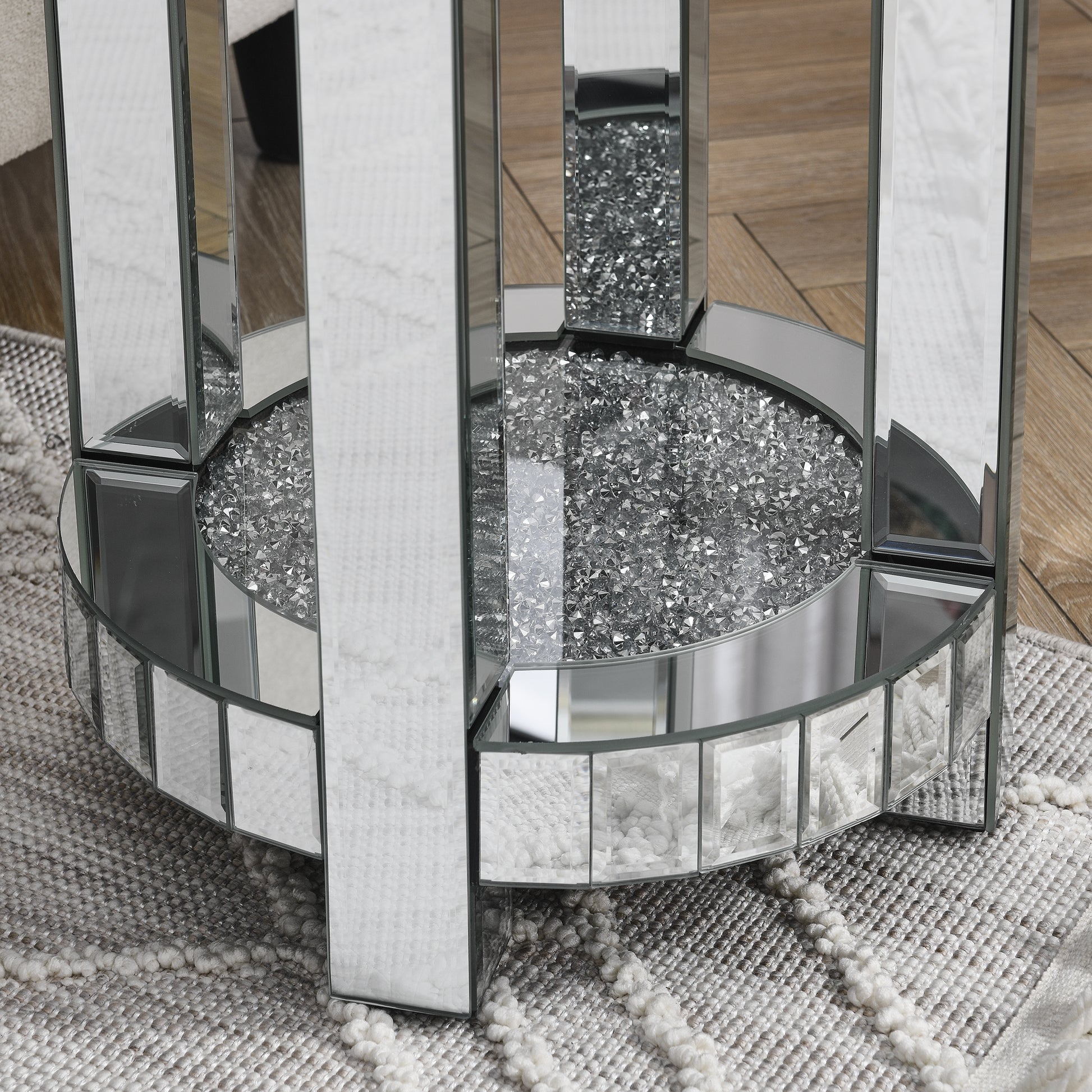 Mirror Round Table With Crystal Inlay, 2 Layer Modern Small Sofa Table With Storage Space, Silver Decorative Table Suitable For Living Room, Bedroom, Coffee And Small Spaces Mirrored Finish Primary Living Space Round Silver Floating Desk American Design
