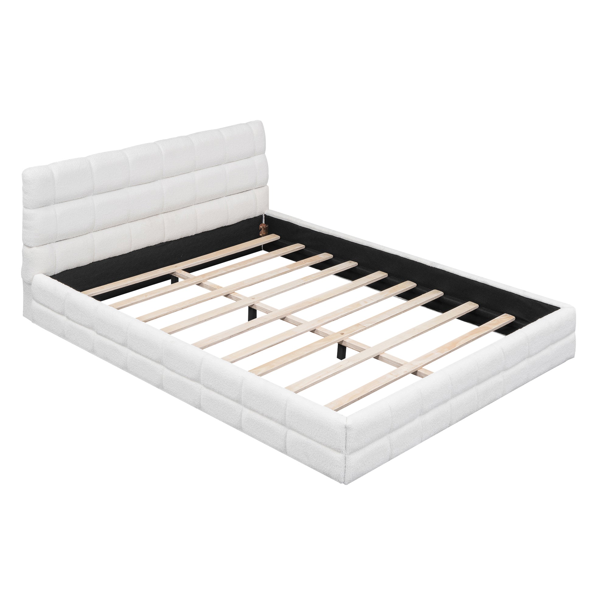 Queen Size Upholstered Platform Bed, White Box Spring Not Required Queen White Wood Bedroom Bed Frame Upholstered