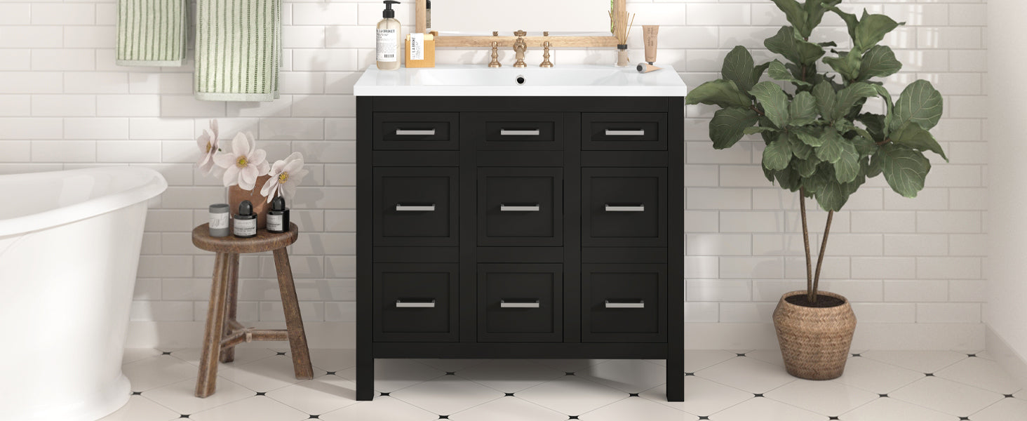 36" Bathroom Vanity Cabinet With Resin Integrated Sink 4 Drawers, 2 Doors Black Bathroom Solid Wood Mdf Resin