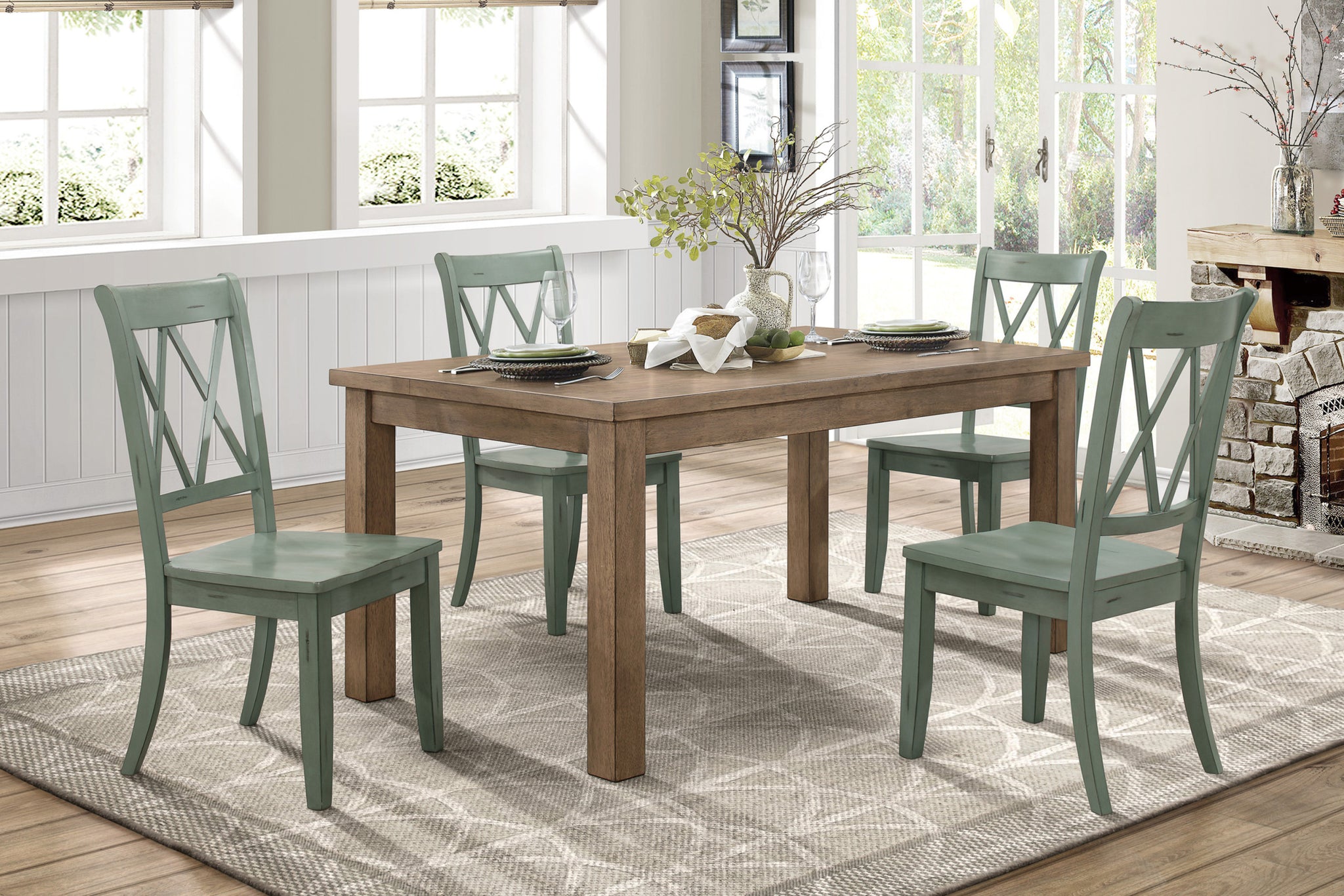 5Pc Dining Set Natural Finish Table And 4X Side Chairs Teal Finish Wooden Kitchen Dining Room Furniture Wood Wood Brown Teal Seats 4 Wood Dining Room 4 Leg Rectangular Dining Table With Chair Wood