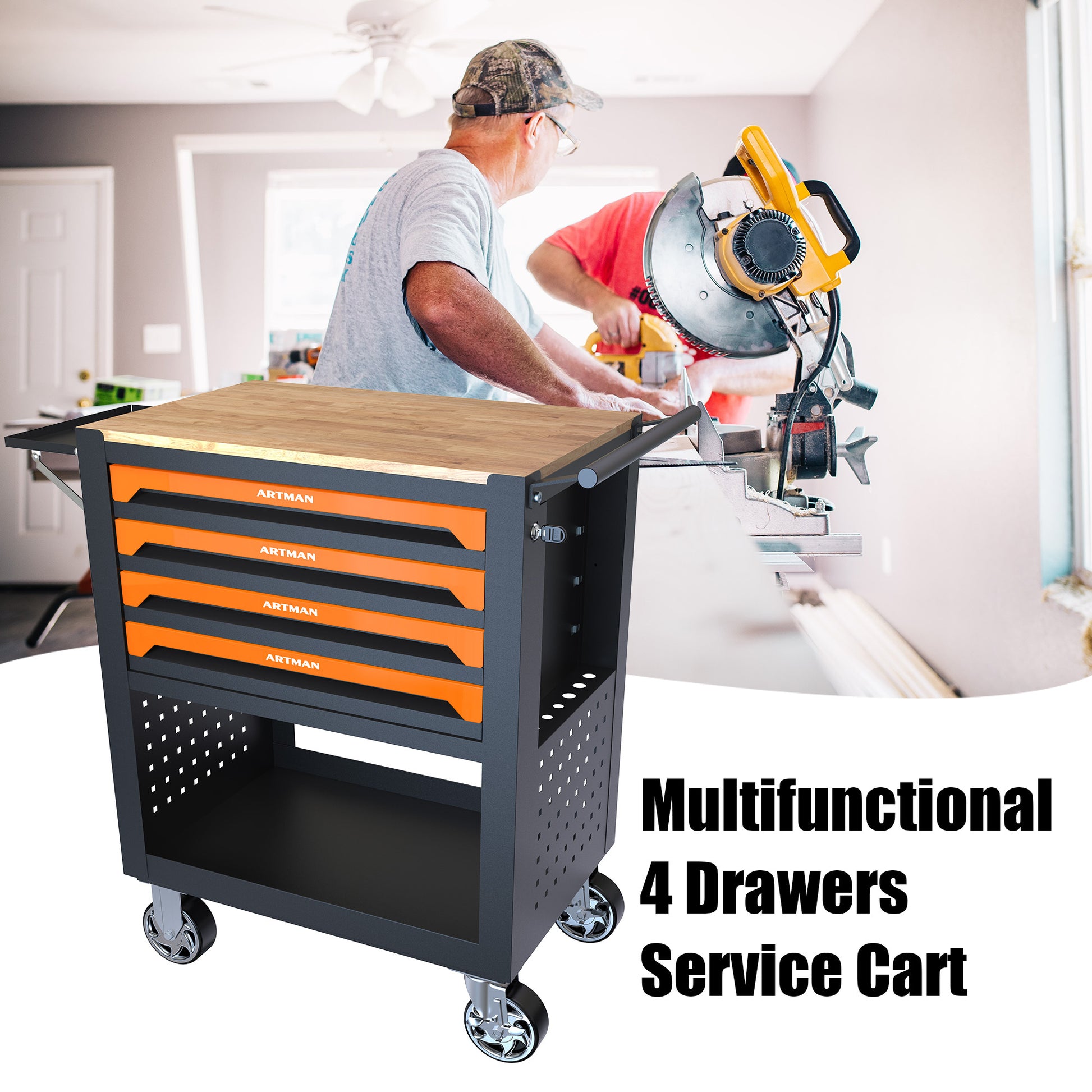 4 Drawers Multifunctional Tool Cart With Wheels And Wooden Top Orange Orange Metal