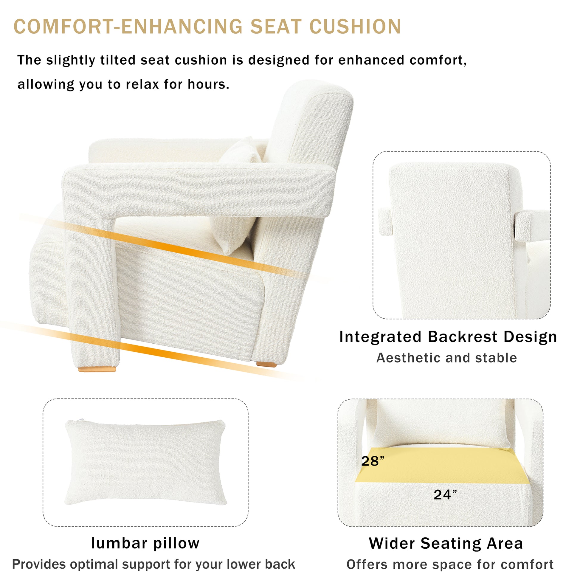Mirod Sleek Right Angle Armrests, Ergonomic Lumbar Support, Square Wooden Block Legs, Inclined Seat For Comfort, Artistic Statement Piece For Living Room,Bedroom And Study White Boucle