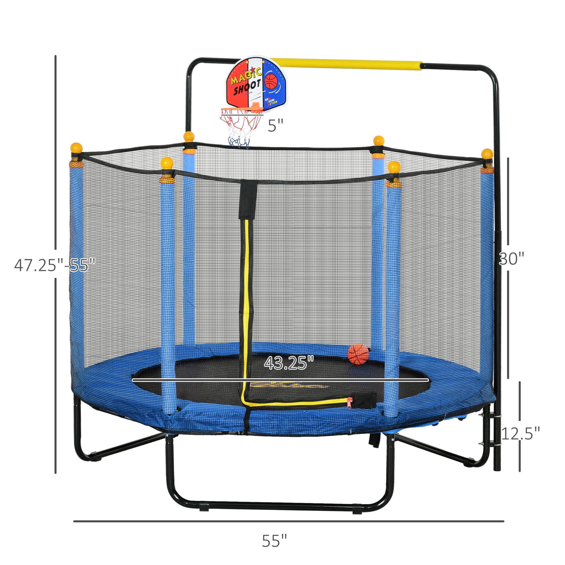 Qaba 4.6' Kids Trampoline With Basketball Hoop, Horizontal Bar, 55" Indoor Trampoline With Net, Small Springfree Trampoline Gifts For Kids Toys, Ages 3 10, Blue Blue Steel