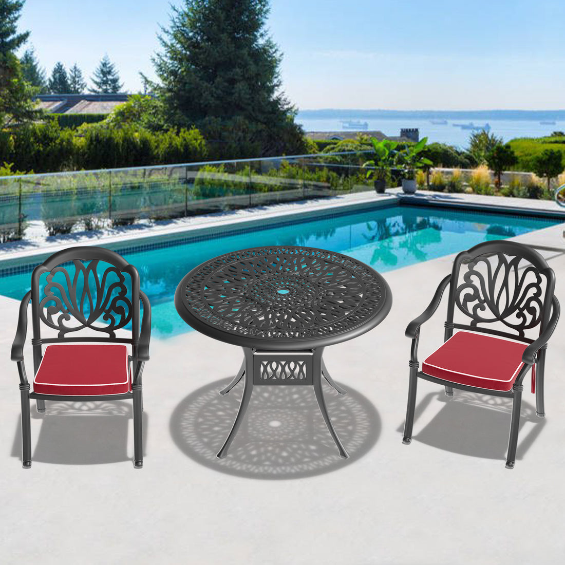 Cushions In Random Colors 3 Piece Set Of Cast Aluminum Patio Furniture With Cushions Yes Dining Set Black Seats 2 Rust Resistant Frame Water Resistant Cushion Garden & Outdoor Complete Patio Sets Aluminium