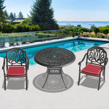Cushions In Random Colors 3 Piece Set Of Cast Aluminum Patio Furniture With Cushions Yes Dining Set Black Seats 2 Rust Resistant Frame Water Resistant Cushion Garden & Outdoor Complete Patio Sets Aluminium