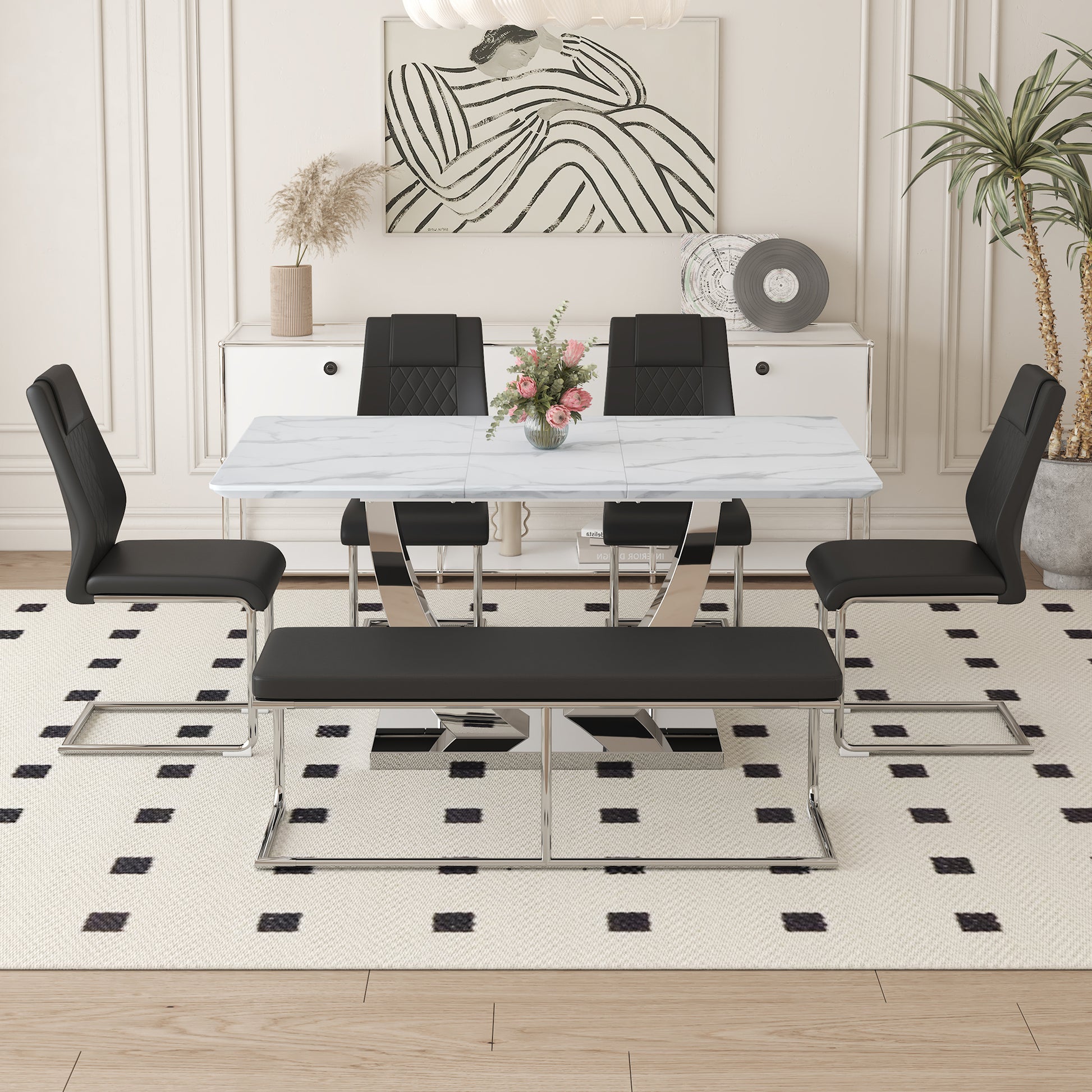 Modern Minimalist Rectangular Dining Table,White Marble Patterned Tabletop,Silver Table Legs. Used In Kitchen,Dining Room,And Living Room. Silver Mdf