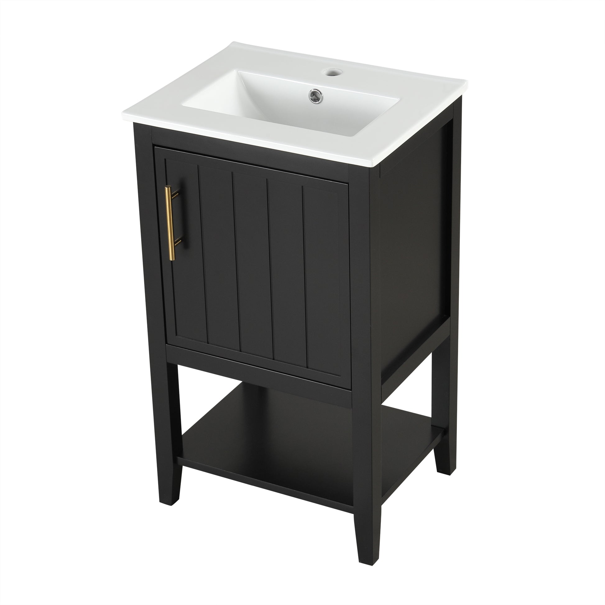 20" Bathroom Vanity With Sink, Bathroom Cabinet With Soft Closing Door, Storage Rack And Open Shelf, Black Black Solid Wood Mdf