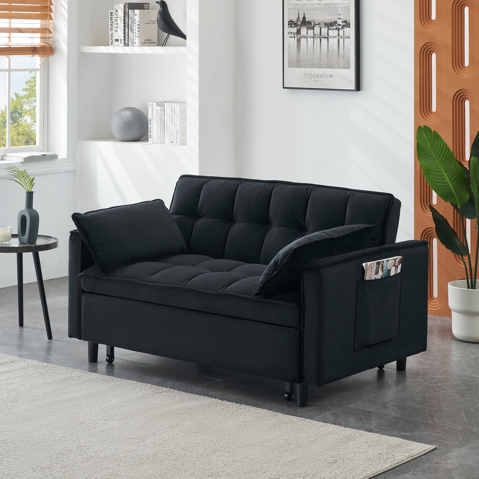 55 Inches Black Modern Velvet Sofa, Seating Sofa With Backrest, Soft And Comfortable Living Room Furniture, 3 In 1 Convertible Sofa Bed For Living Room Bedroom Black Velvet 2 Seat