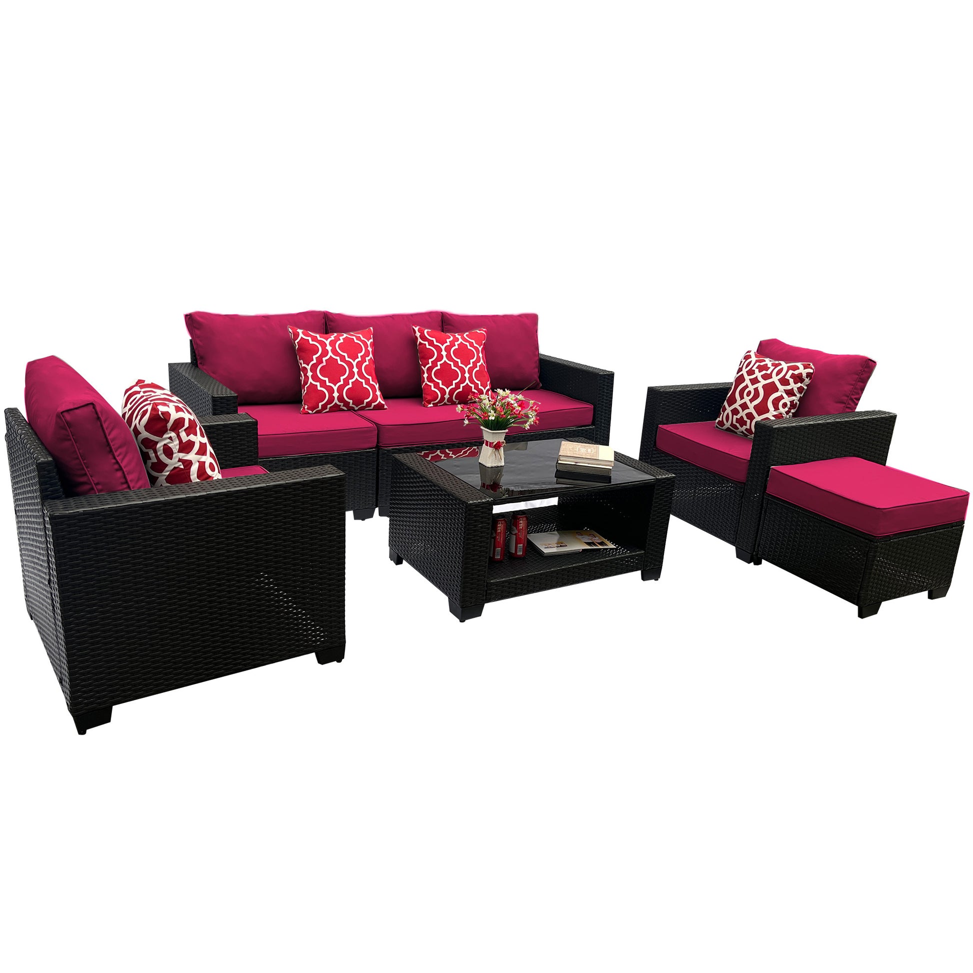 Outdoor Garden Patio Furniture 7 Piece Pe Rattan Wicker Cushioned Sofa Sets And Coffee Table, Patio Furniture Set Outdoor Couch Outdoor Couch Patio Furniture Outdoor Sofa Patio Couch Yes Complete Patio Set Red Seats 6 Weather Resistant Frame Water