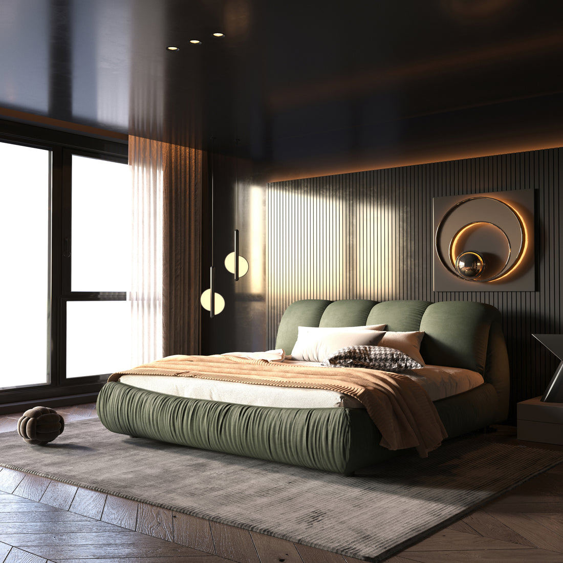 Queen Size Upholstered Platform Bed With Oversized Padded Backrest, Thickening Pinewooden Slats And Solid Wood Leg,Green Box Spring Not Required Queen Green Wood Pine Polyester Solid Wood