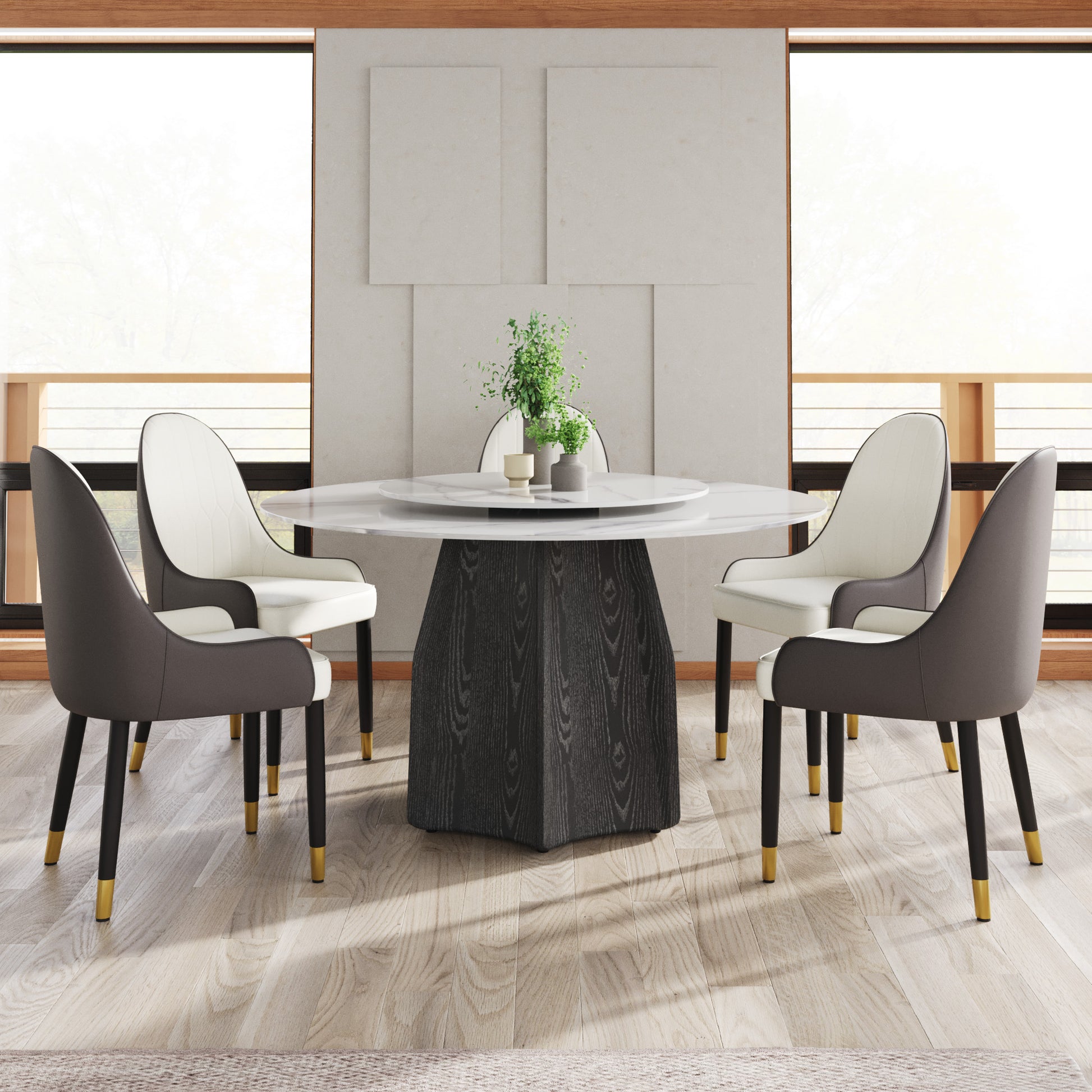 53" Round Marble Dining Table With Black Textured Solid Wood Base, Artificial Marble For 6 People, 23.62"White Artificial Stone Turntable,White Dining Table Only White Dining Room Modern Round Metal