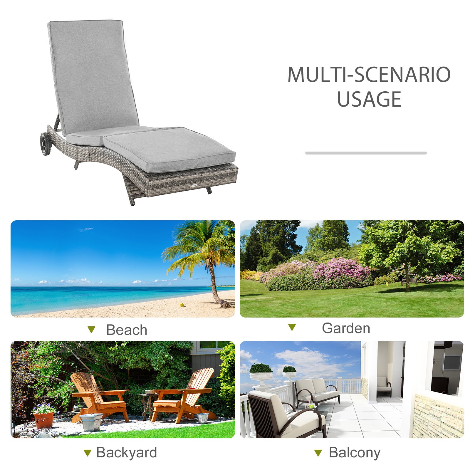 Outsunny Chaise Lounge Pool Chair, Outdoor Pe Rattan Cushioned Patio Sun Lounger W 5 Level Adjustable Backrest & Wheels For Easy Movement, Wicker, Mixed Gray Gray Steel