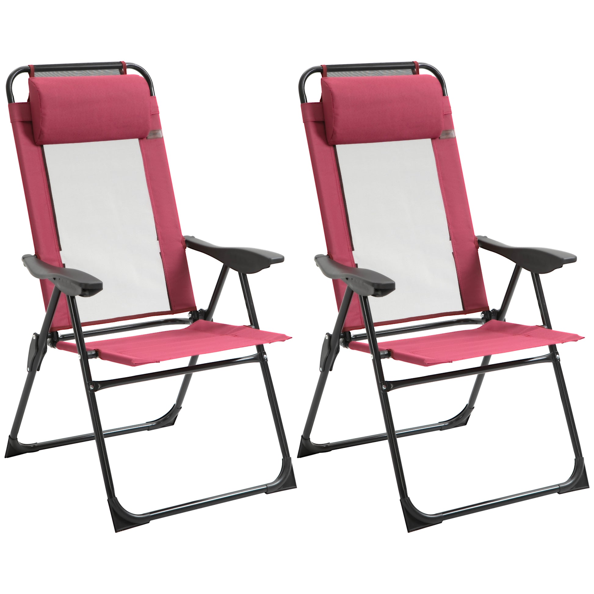 Outsunny Folding Patio Chairs Set Of 2, Outdoor Deck Chair With Adjustable Sling Back, Camping Chair With Removable Headrest For Garden, Backyard, Lawn, Red Red Fabric