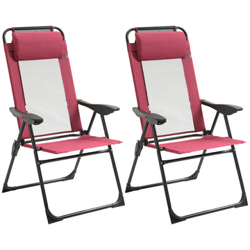 Outsunny Folding Patio Chairs Set Of 2, Outdoor Deck Chair With Adjustable Sling Back, Camping Chair With Removable Headrest For Garden, Backyard, Lawn, Red Red Fabric