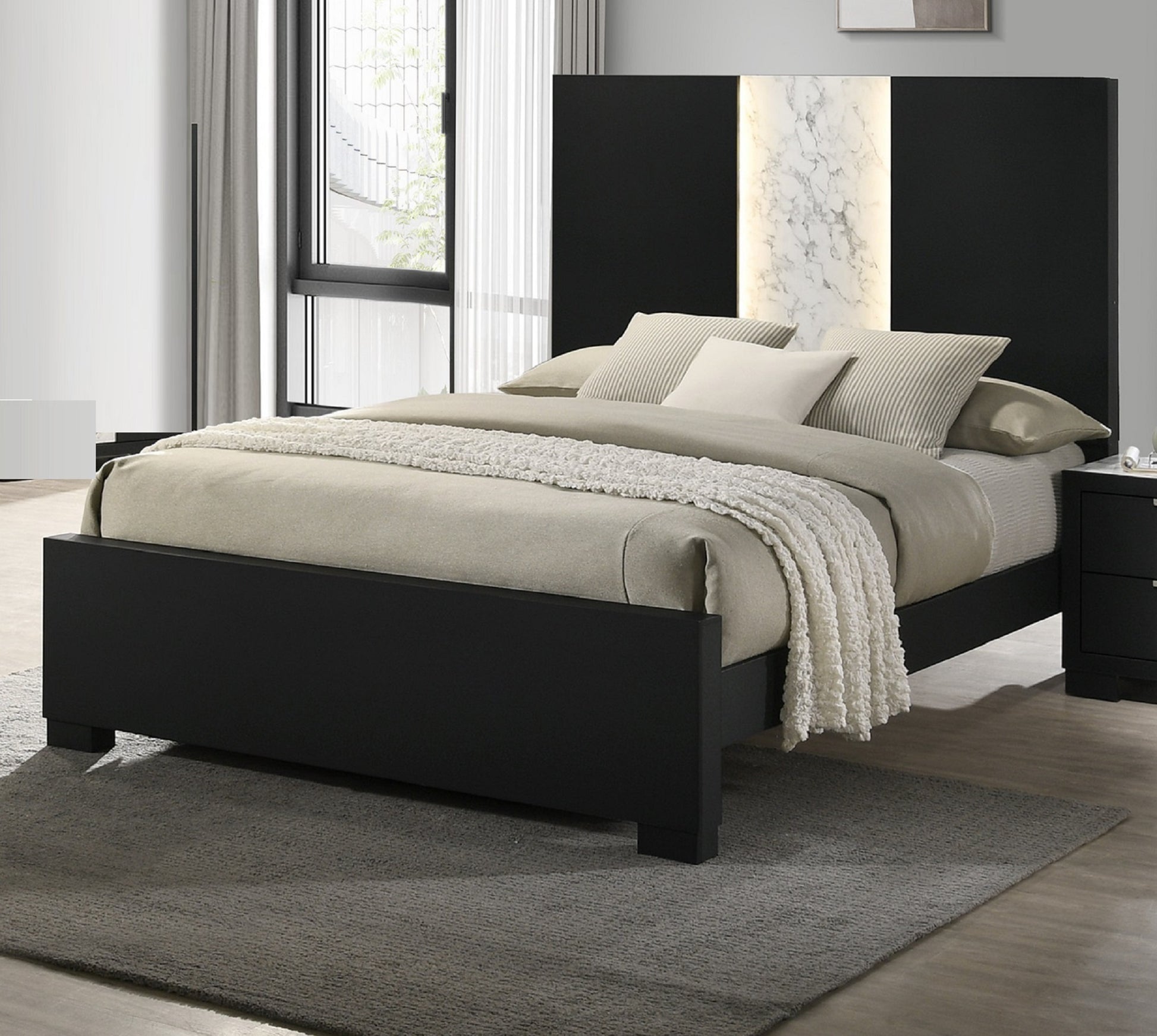 Contemporary Queen Panel Led Light Headboard Bed 1Pc Black White Finish Wooden Bedroom Furniture Box Spring Required Queen Black,White Bedroom Contemporary Bed Frame Wood