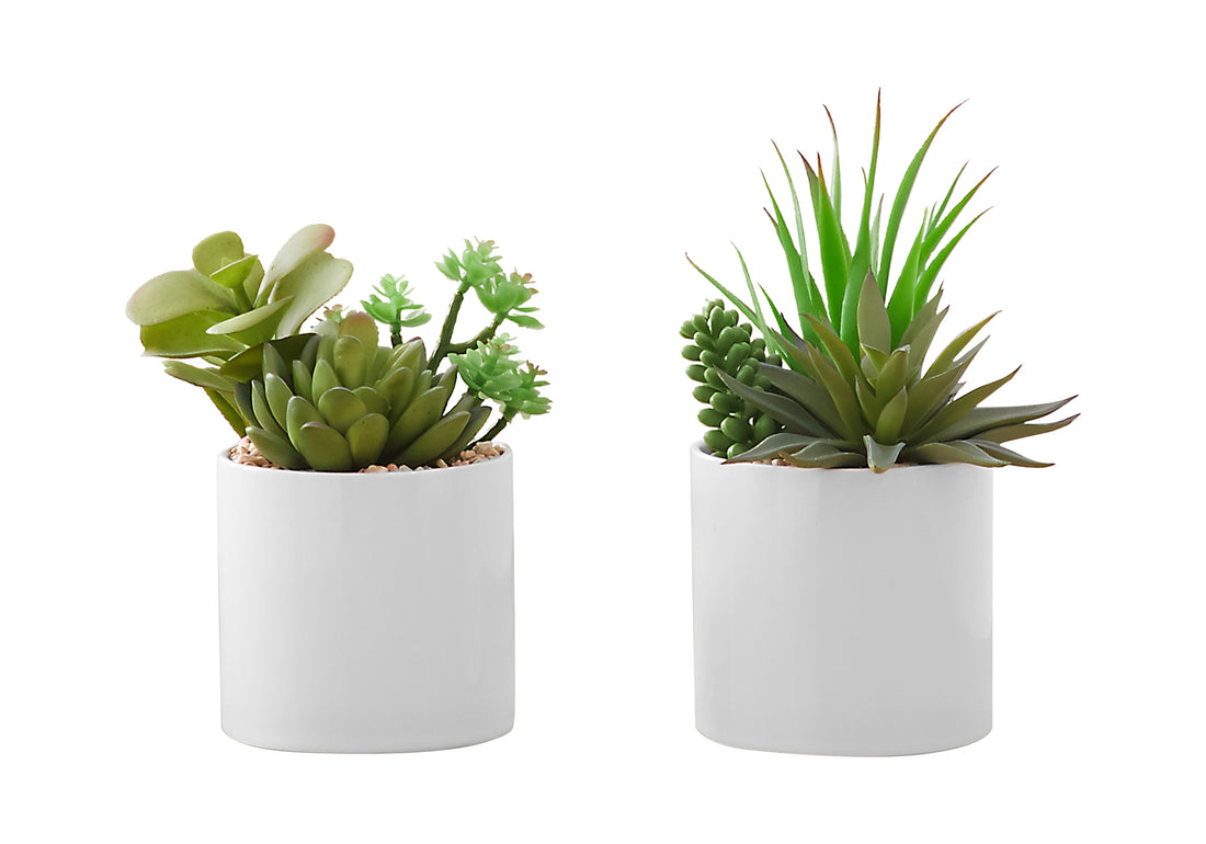 Artificial Plant, 7" Tall, Succulent, Indoor, Faux, Fake, Table, Greenery, Potted, Set Of 2, Decorative, Green Plants, White Ceramic Pots Green Foam Plastic