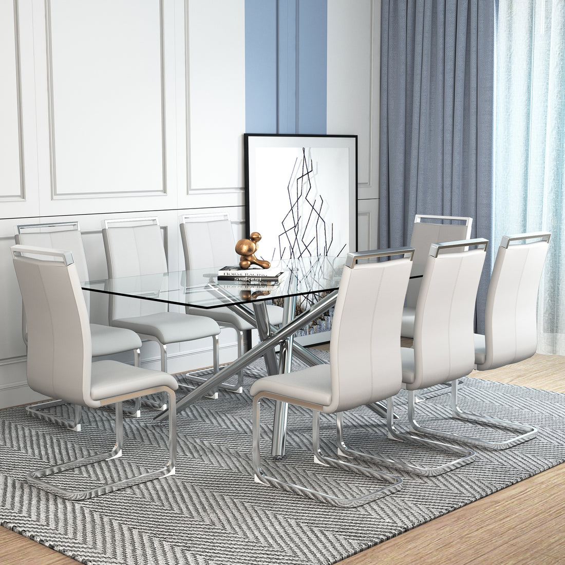 Table And Chair Set.Modern Luxurious Transparent Tempered Glass Dining Table Set.Paried With 8 Light Gray Chairs With Pu Cushion And Silver C Tube Metal Legs. Light Gray,Transparent Seats 8 Glass