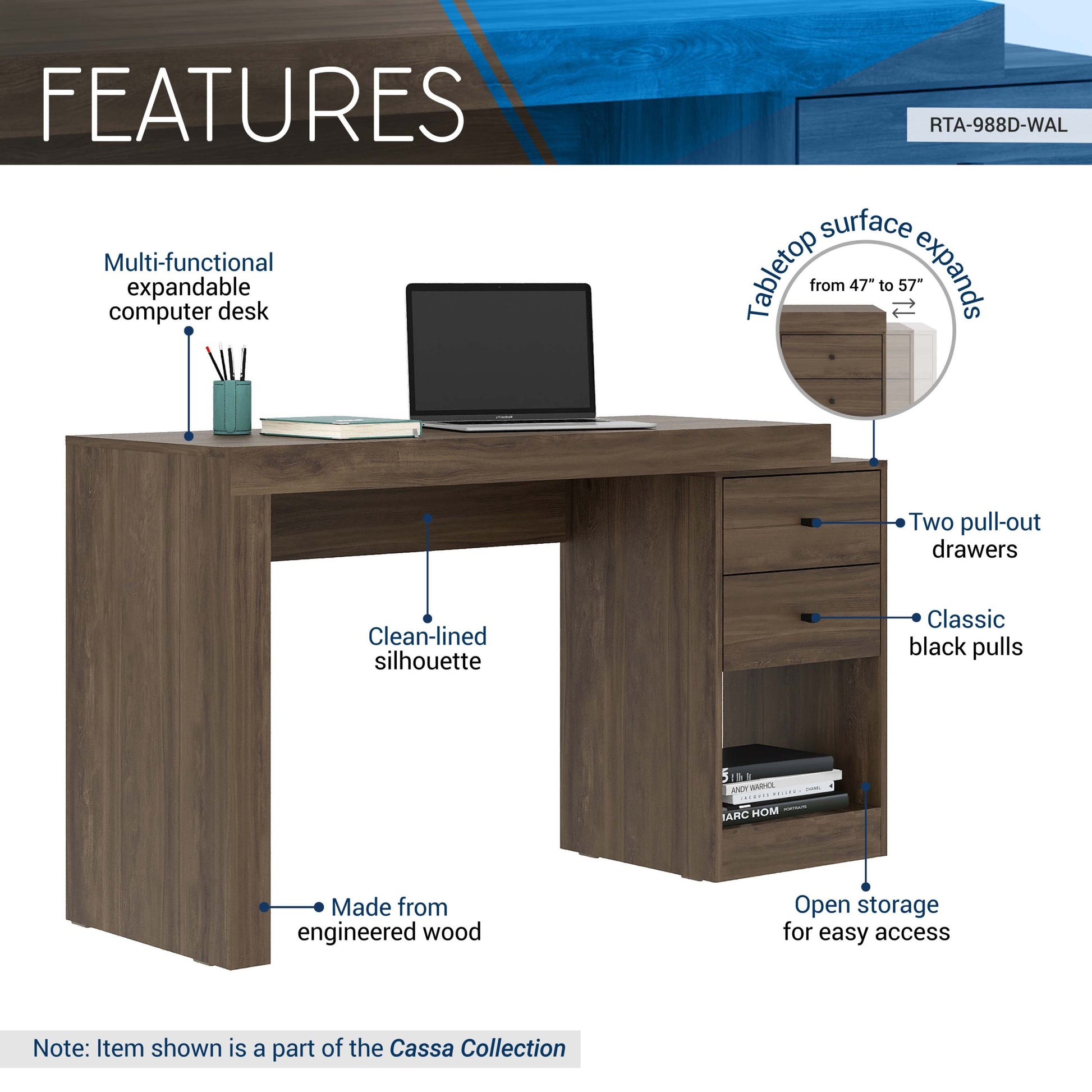 Techni Mobili Expandable Home Office Desk, Walnut Walnut Writting Desk Office Modern Rectangular Rectangular Mdf