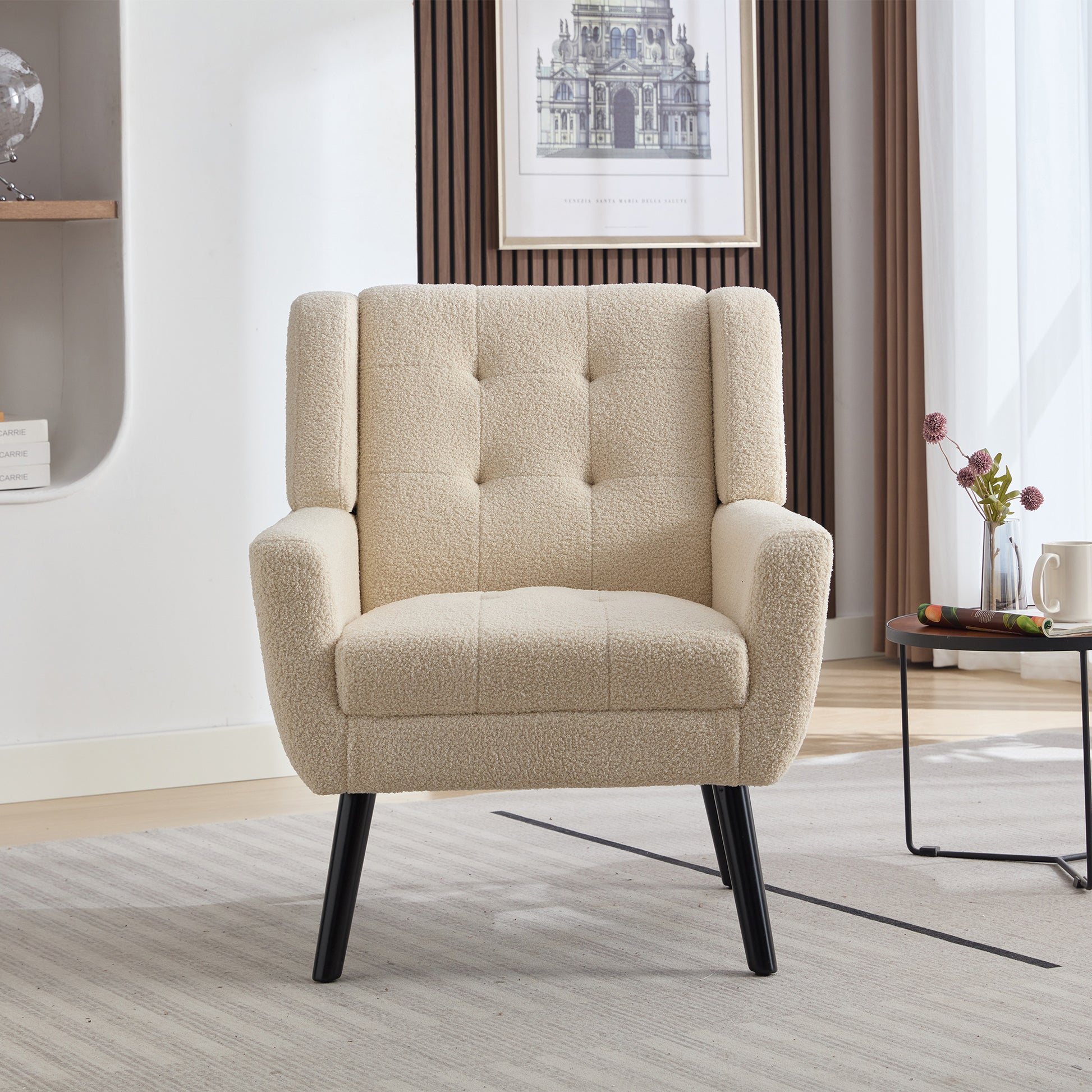 Modern Soft Teddy Material Ergonomics Accent Chair Living Room Chair Bedroom Chair Home Chair With Black Legs For Indoor Home White Teddy Fabric White Foam Upholstered