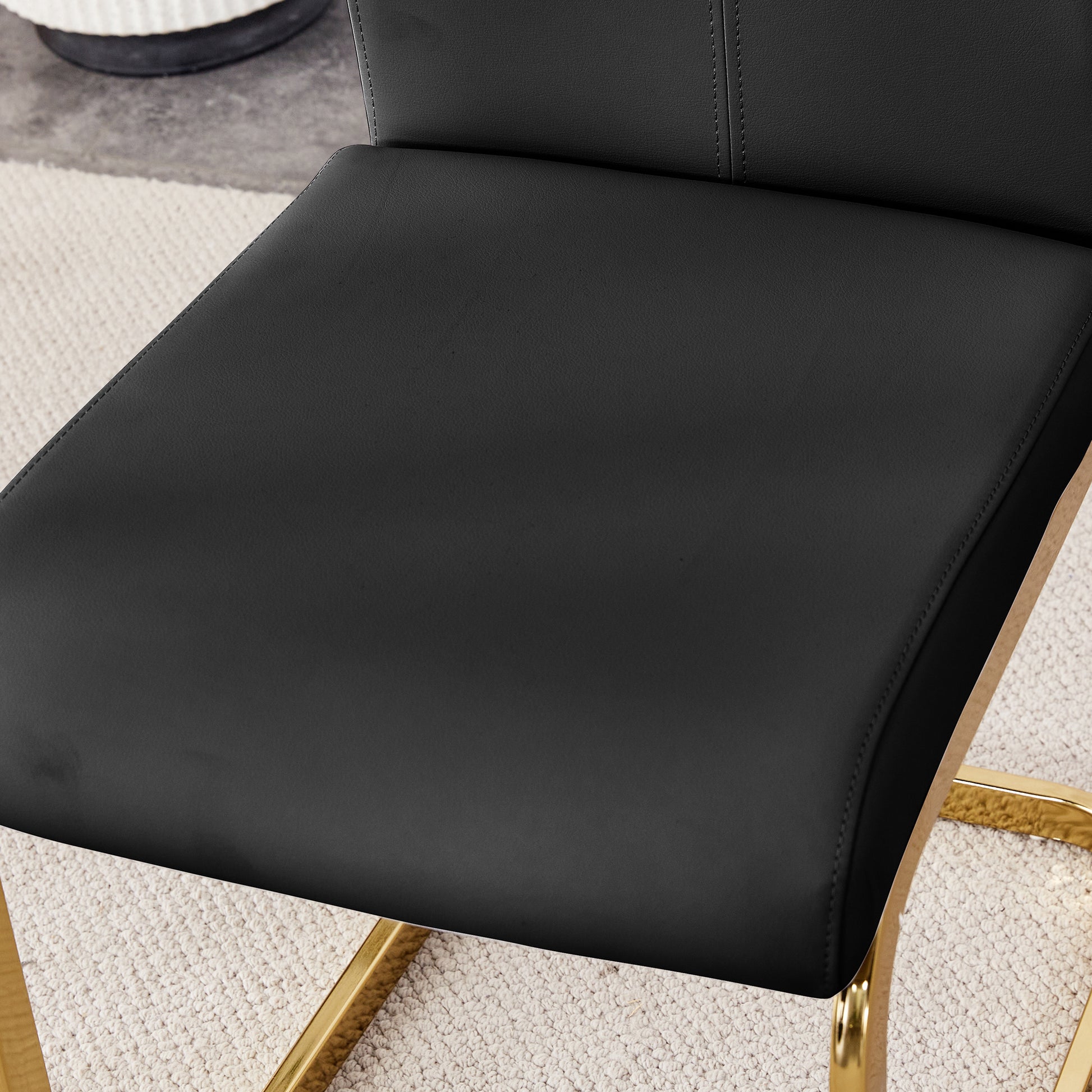 Table And Chair Set.Modern Rectangular Dining Table With Black Textured Stickers Glass Tabletop And Gold Plated Metal Legs.Paried With 4 Comfortable Chairs With Pu Seats And Golden Metal Legs. Black Gold Seats 4 Glass Metal