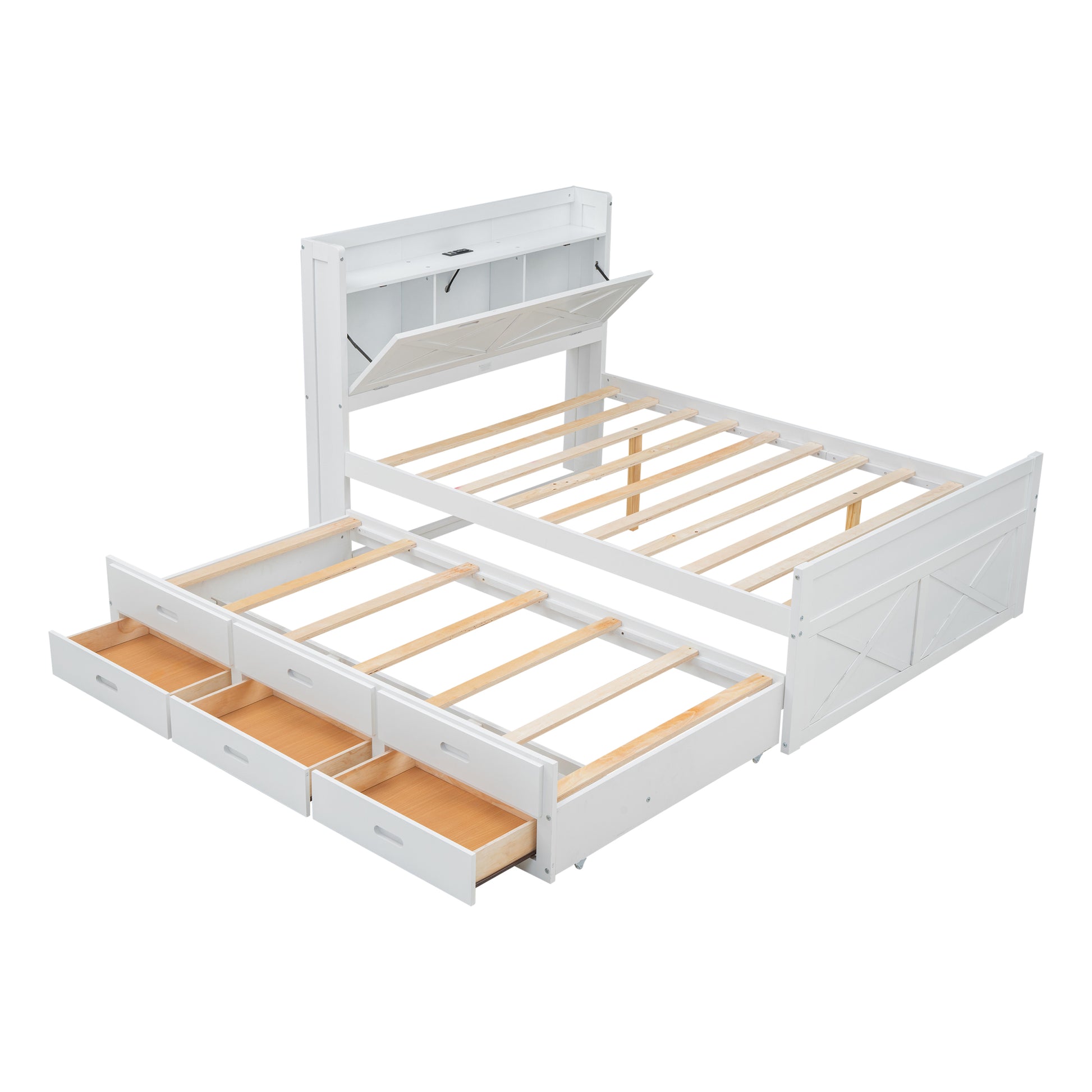 Full Size Wooden Bed With Storage Headboard With Outlets, Extendable Bed With Twin Size Trundle With Three Storage Drawers,White Expected Arrival Time:8.23 Full White Wood