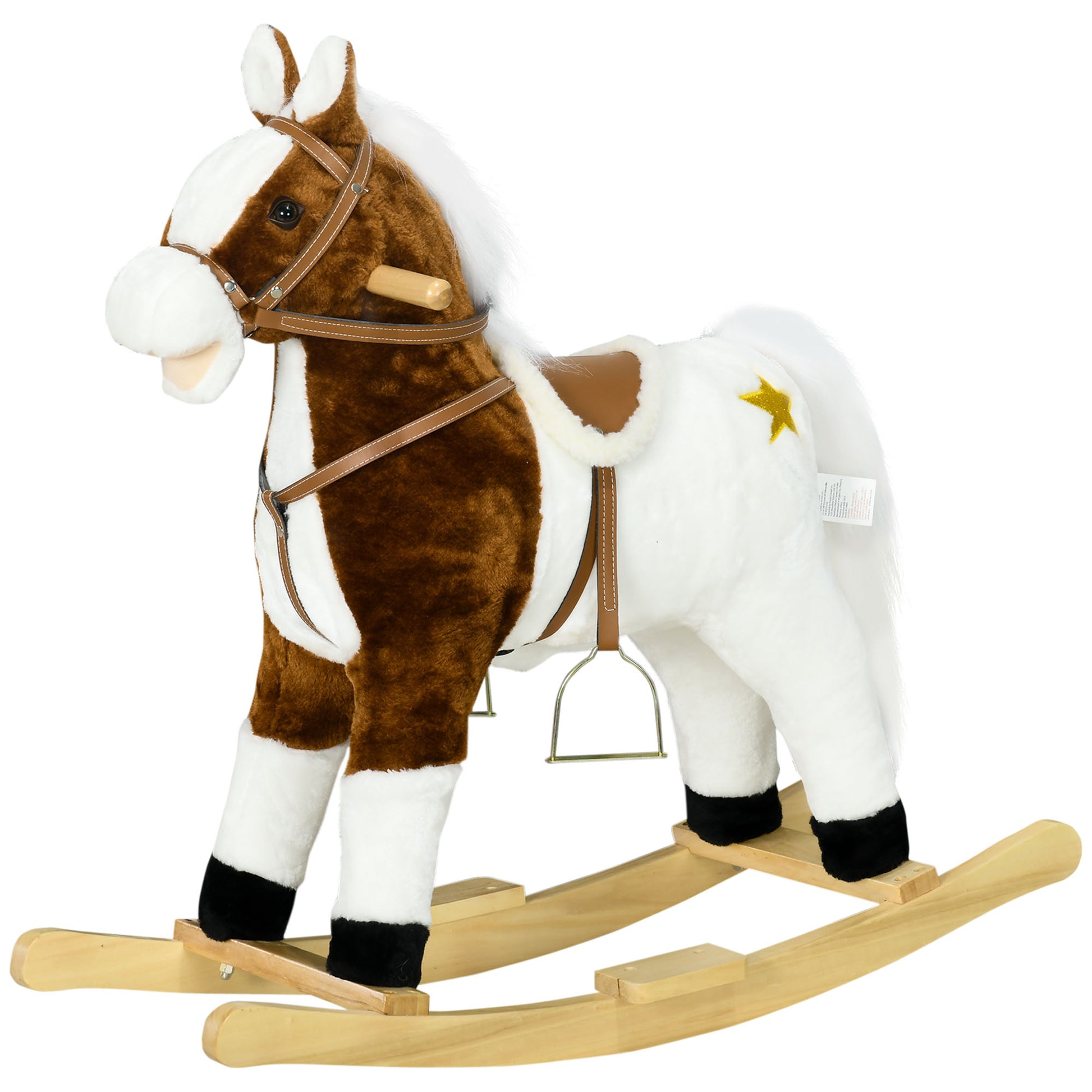 Qaba Rocking Horse With Sound, Ride On Horse With Saddle, Toddler Rocker, Gift For 3 8 Year Old, Brown Brown Plush