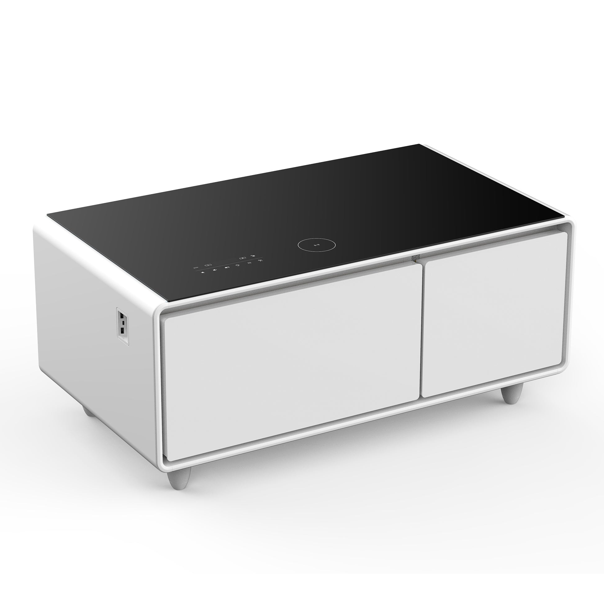 Modern Smart Coffee Table With Built In Fridge, Bluetooth Speaker, Wireless Charging, Touch Control Panel, Usb Ports, Outlet Protection, Atmosphere Light, Black Black White Built In Outlets Or Usb Primary Living Space Freestanding Rectangular Drawers
