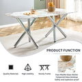 Table And Chair Set.A Rectangular Dining Table Suitable For 4 8 People, Equipped With A Marble Patterned Glass Tabletop And Metal Legs.8 Chairs With Faux Leather Upholstered Seats And Silver Legs. Black Silver Seats 8 Glass Metal