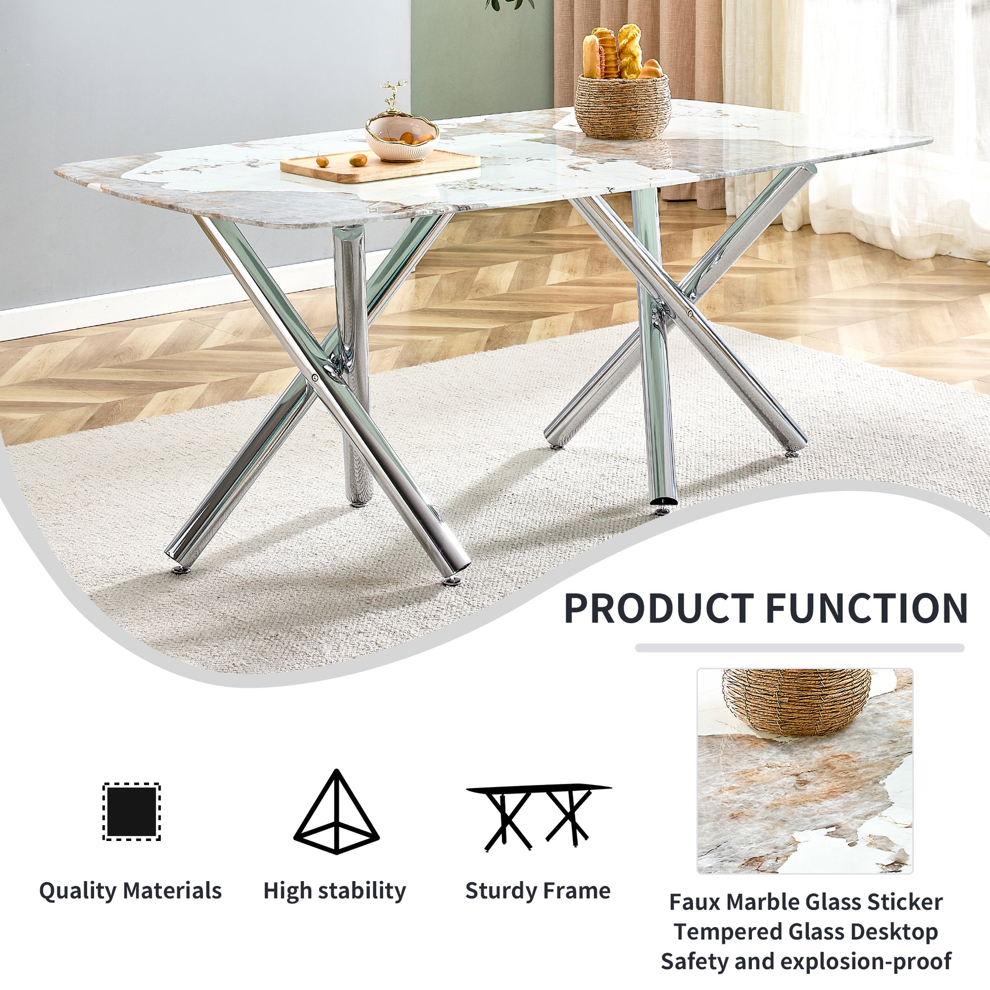 Table And Chair Set.A Rectangular Dining Table Suitable For 4 8 People, Equipped With A Marble Patterned Glass Tabletop And Metal Legs.8 Chairs With Faux Leather Upholstered Seats And Silver Legs. Black Silver Seats 8 Glass Metal