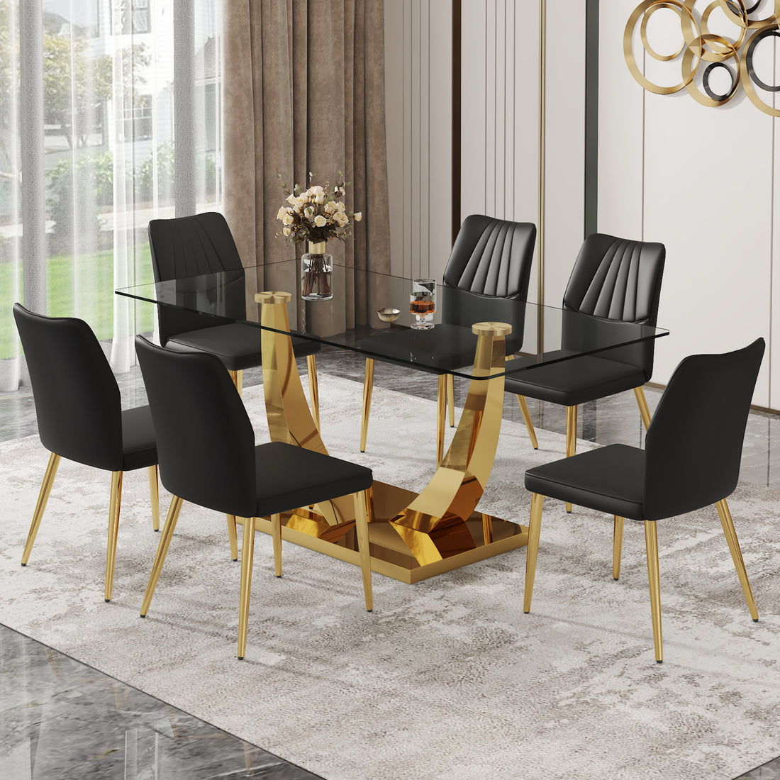 Table And Chair Set.Modern Rectangular Dining Table With Transparent Tempered Glass Tabletop And Gold Plated Metal Legs.Paried With 6 Comfortable Chairs With Pu Seats And Golden Metal Legs. Black Gold,Transparent Seats 6 Glass Metal