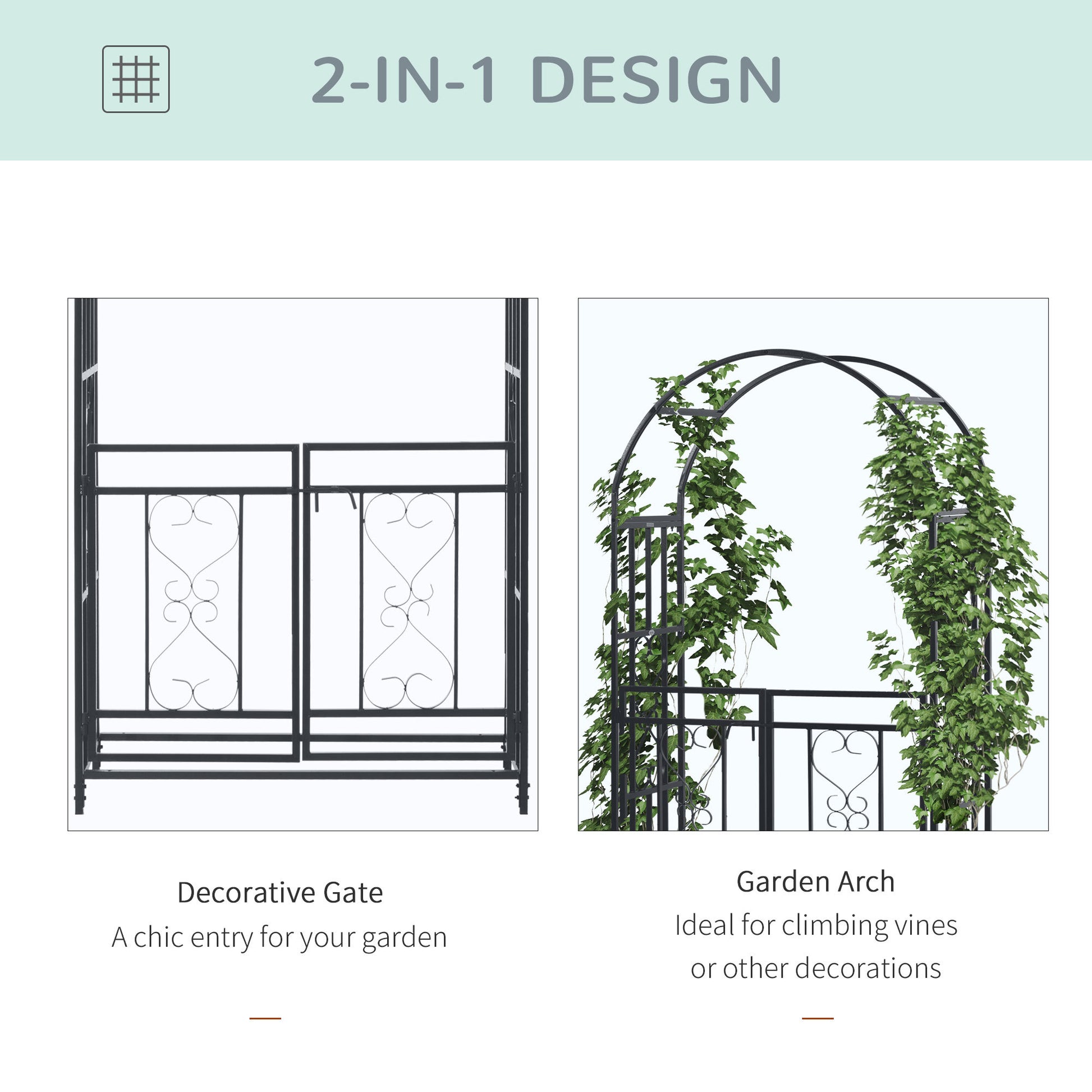 Outsunny 81" Metal Garden Arbor With Double Doors, Locking Gate, Climbing Vine Frame With Heart Motifs, Arch For Wedding, Bridal Party Decoration, Grey Black Steel