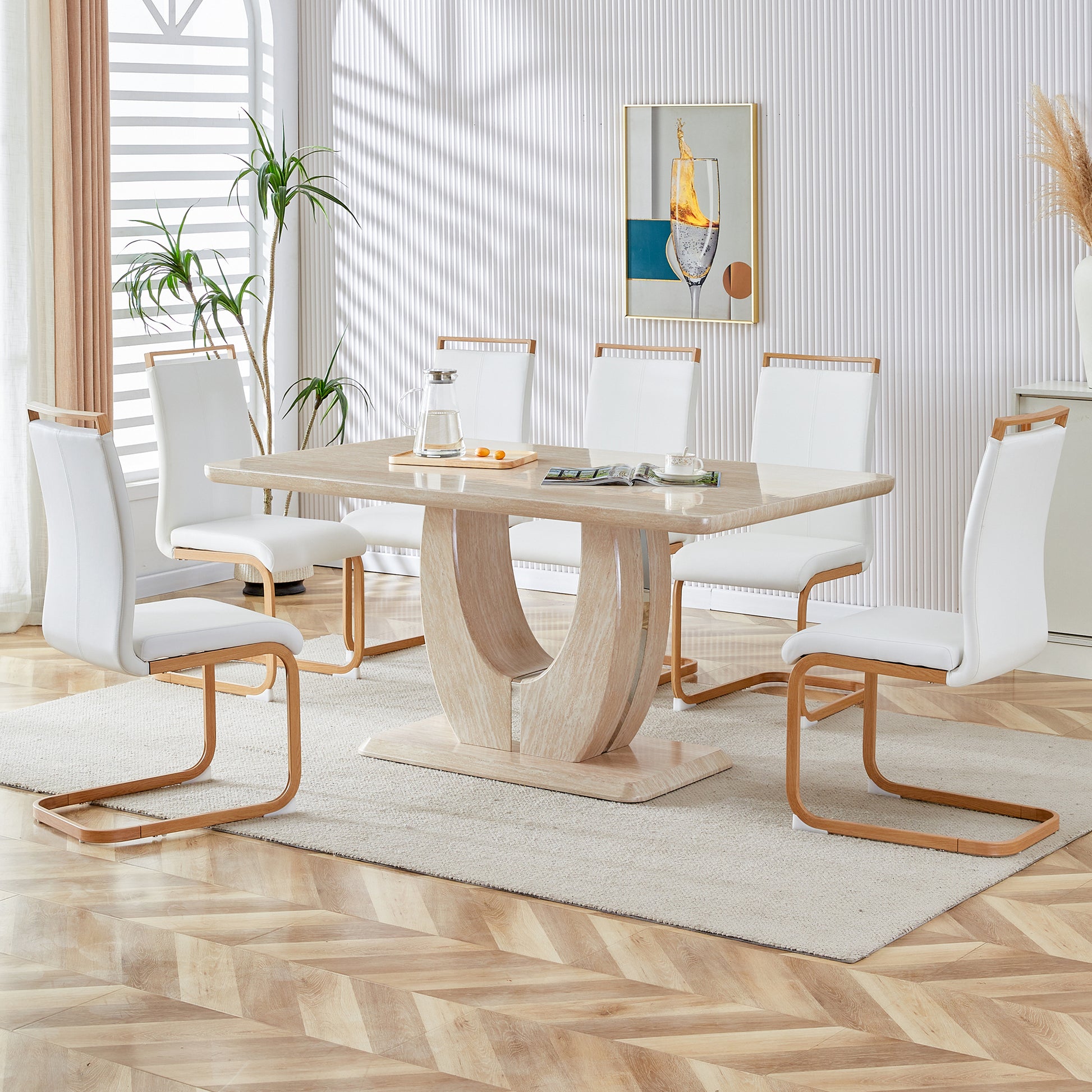 Table And Chair Set.Modern Minimalist Luxury Mdf Rectangular Dining Table With Textured Stickers On The Table, 6 Pu Synthetic Leather High Backrest Soft Cushioned Side Chairs. White Seats 6 Mdf