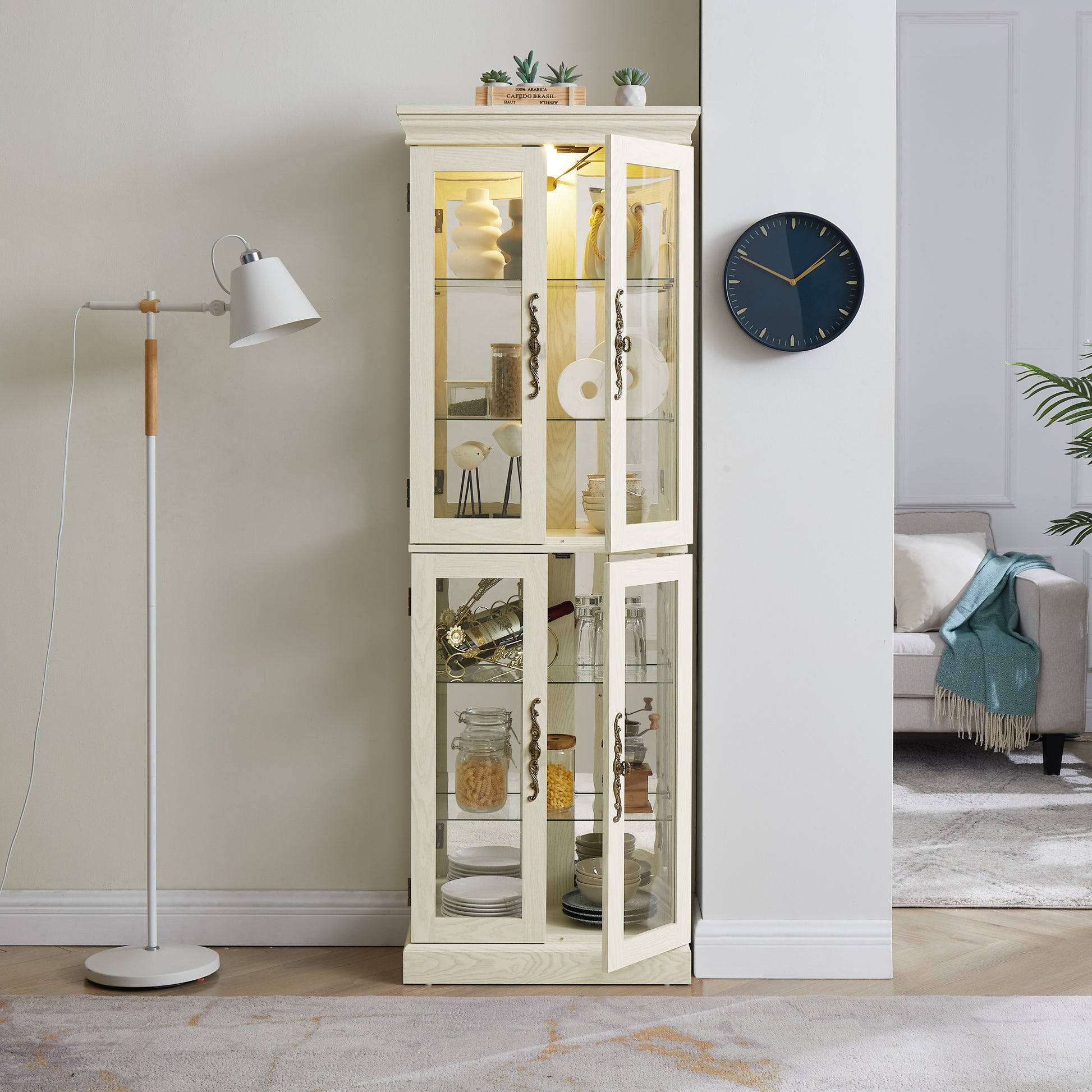 Lighted Glass Curio Display Cabinet,Display Cabinet,Glass Storage Cabinet Glass Wine Cabinet Wood Frame Toy Display For Living Room, Kitchen, Pantry Light Bulb Included Antique White Antique White Mdf