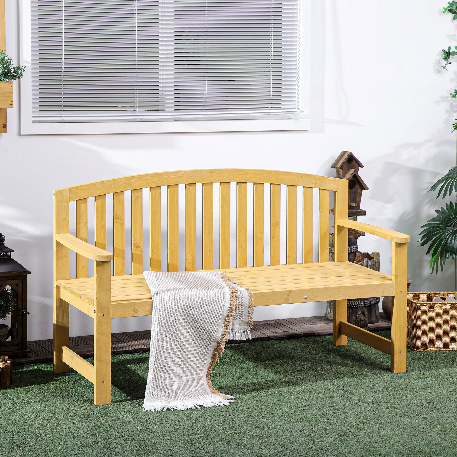 Outsunny 56" Outdoor Wood Bench, 2 Seater Garden Bench With Backrest And Armrest, Patio Bench For Patio, Porch, Poolside, Balcony, Natural Natural Wood