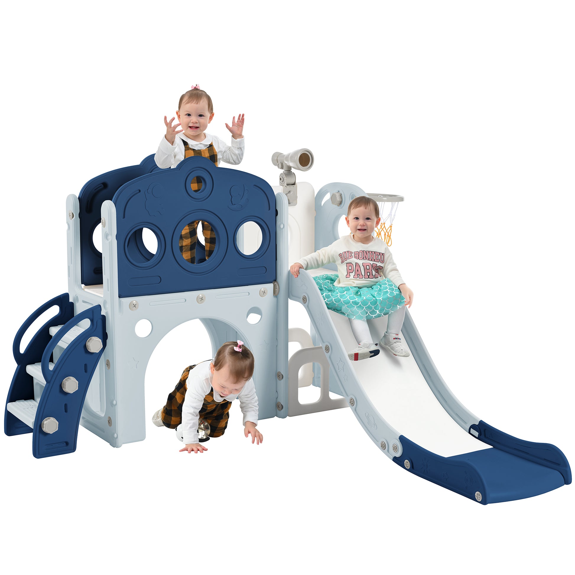 7 In 1 Toddler Slide Set, Freestanding Space Set With Slide, Kids Slide Playset Structure, Arch Tunnel And Basketball Hoop, Toy Storage Organizer For Toddlers, Kids Climbers Playground Blue 50 99 Lbs Cute 1 To 2 Years Hdpe Indoor & Outdoor Use