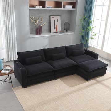 L Shape Sofa Couch With Usb & Cup Holders, Corduroy Stripe Fabric 3 Seater Sofa With 1 Ottoman, Black Black Wood 4 Seat