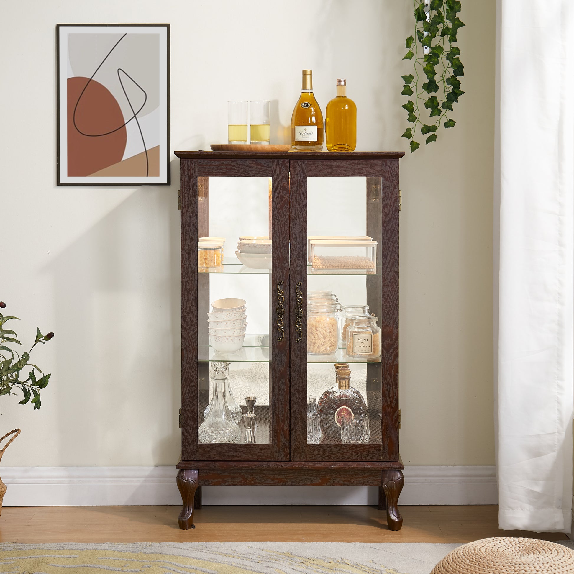 2 Doors Curio Cabinet With Tempered Glass Doors, Curio Cabinets With Mirrored Back Panel And Adjustable Shelves, Lighted Display Cabinet For Home, Office Light Bulb Included Cherry Cherry Mdf Glass