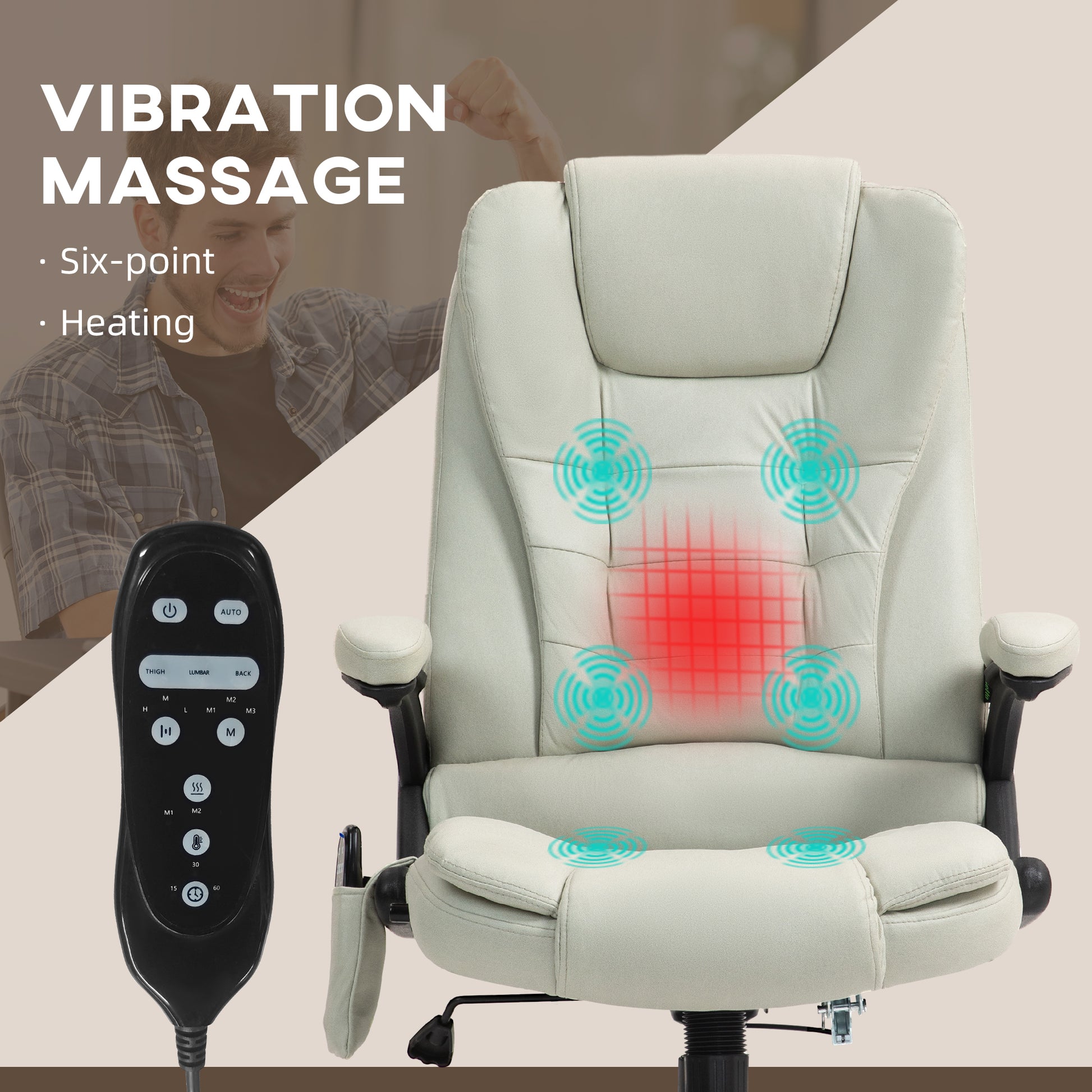 Homcom 6 Point Vibrating Massage Office Chair With Heat, Microfiber High Back Executive Office Chair With Reclining Backrest, Padded Armrests And Remote, Beige Beige Polyester