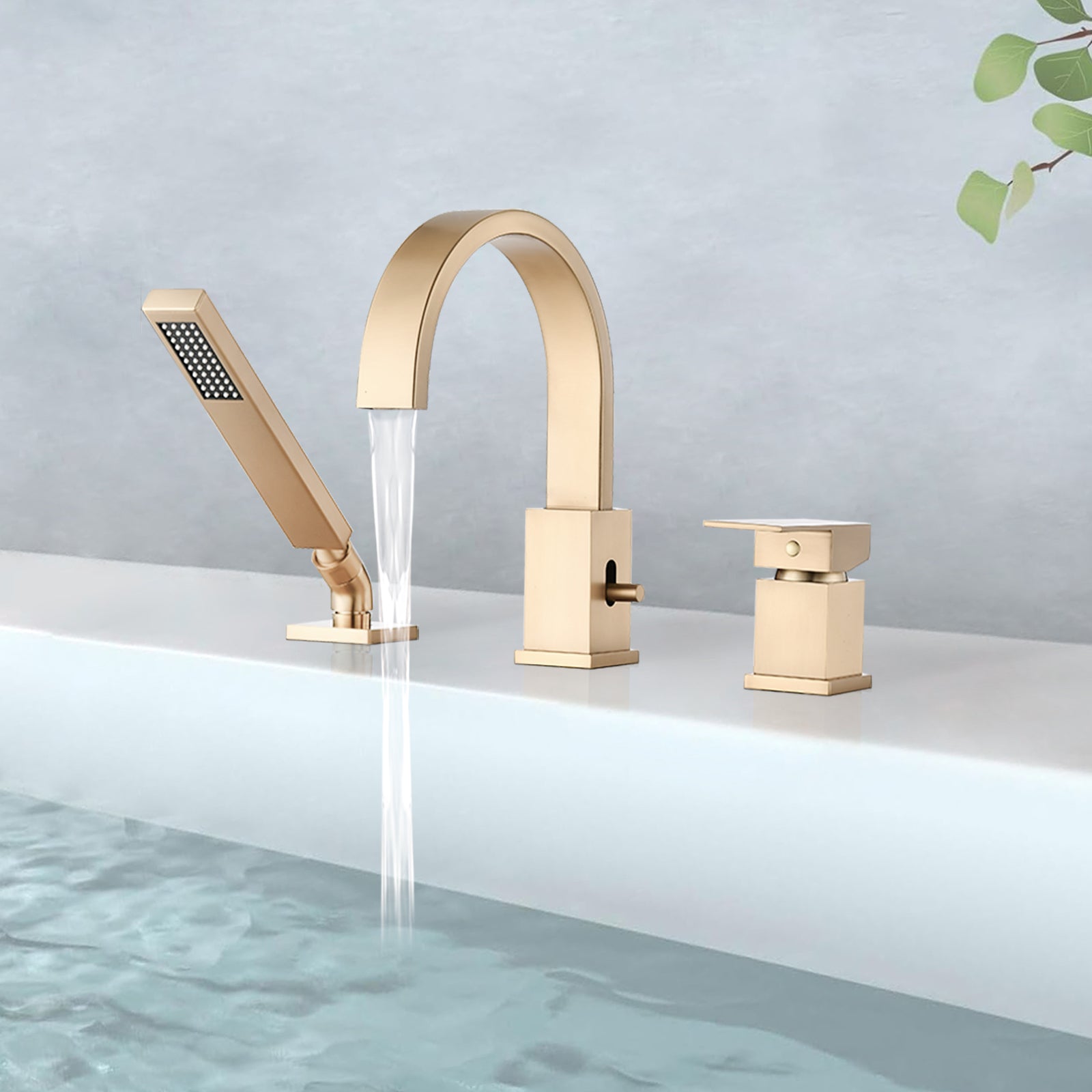 Waterfall Bathtub Faucet With Sprayer, 3 Hole Roman Tub Filler With Hand Shower Deck Mount Waterfall Tub Spout Set Brushed Gold Stainless Steel